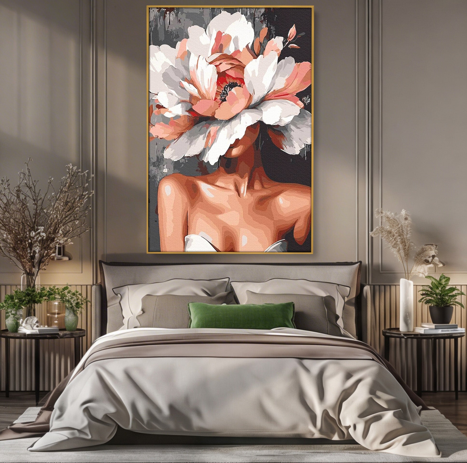 Tablou Canvas Premium LuxCanva® PI1049, Femeie Cu Floare, Femeie, Floare, Portret, Arta Abstracta, Dormitor, Culori Vibrante