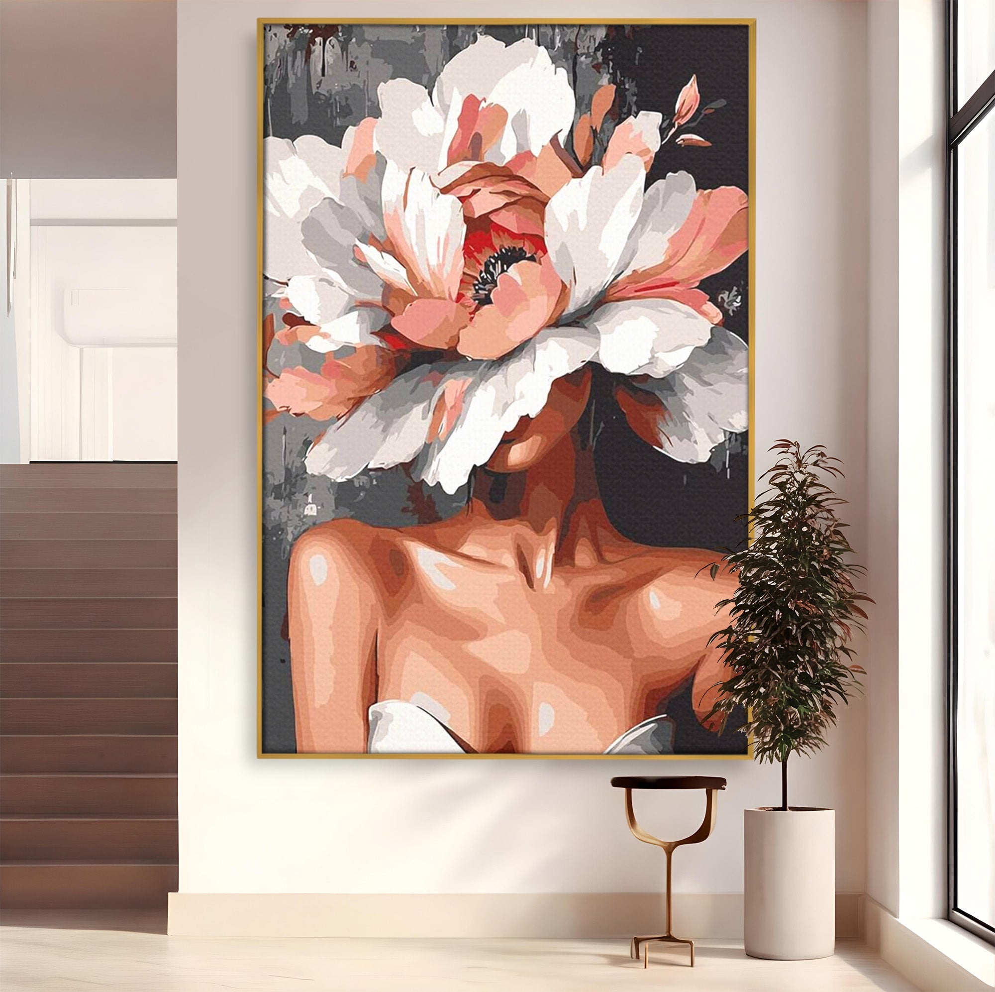 Tablou Canvas Premium LuxCanva® PI1049, Femeie Cu Floare, Femeie, Floare, Portret, Arta Abstracta, Dormitor, Culori Vibrante