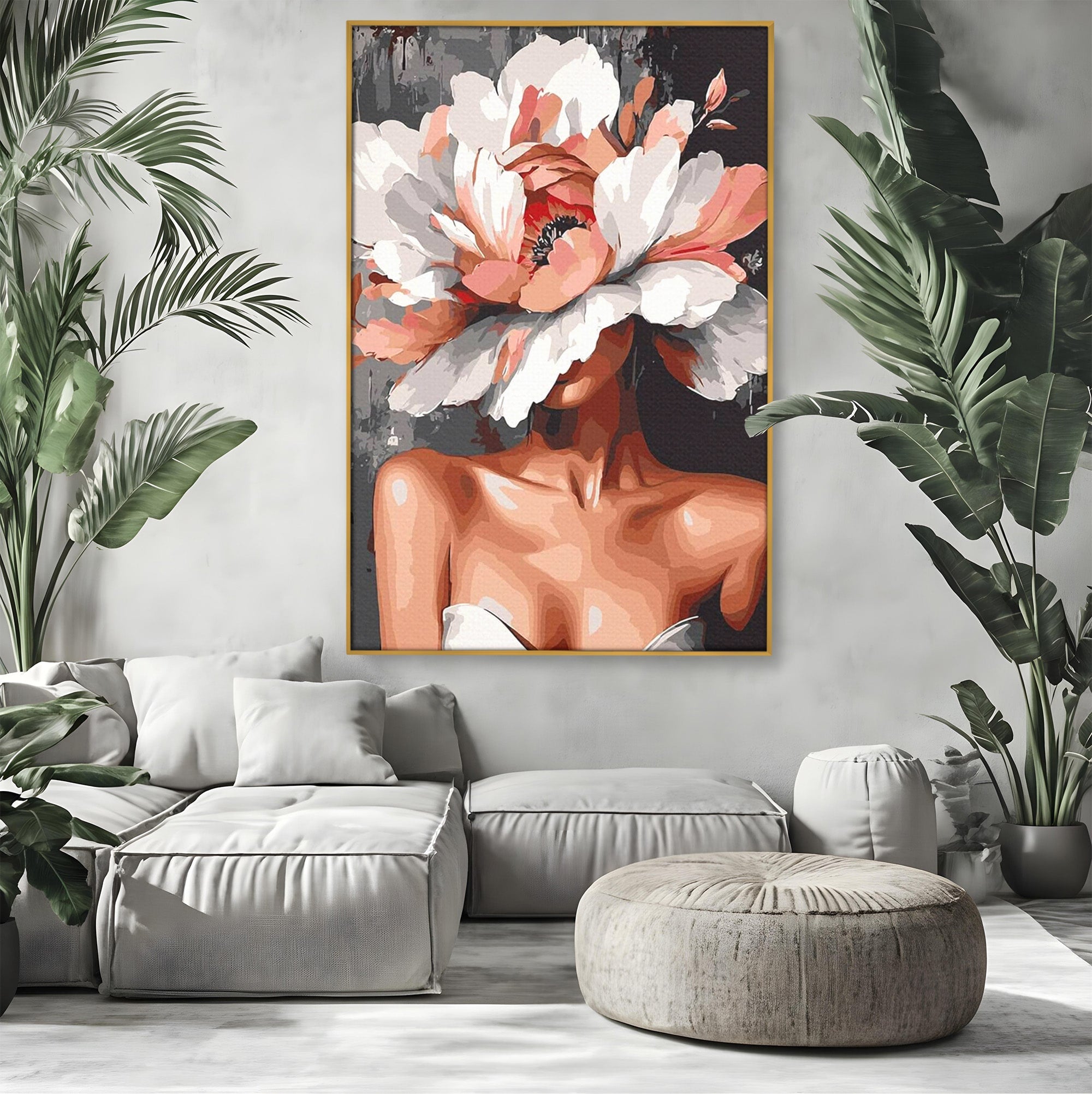 Tablou Canvas Premium LuxCanva® PI1049, Femeie Cu Floare, Femeie, Floare, Portret, Arta Abstracta, Dormitor, Culori Vibrante