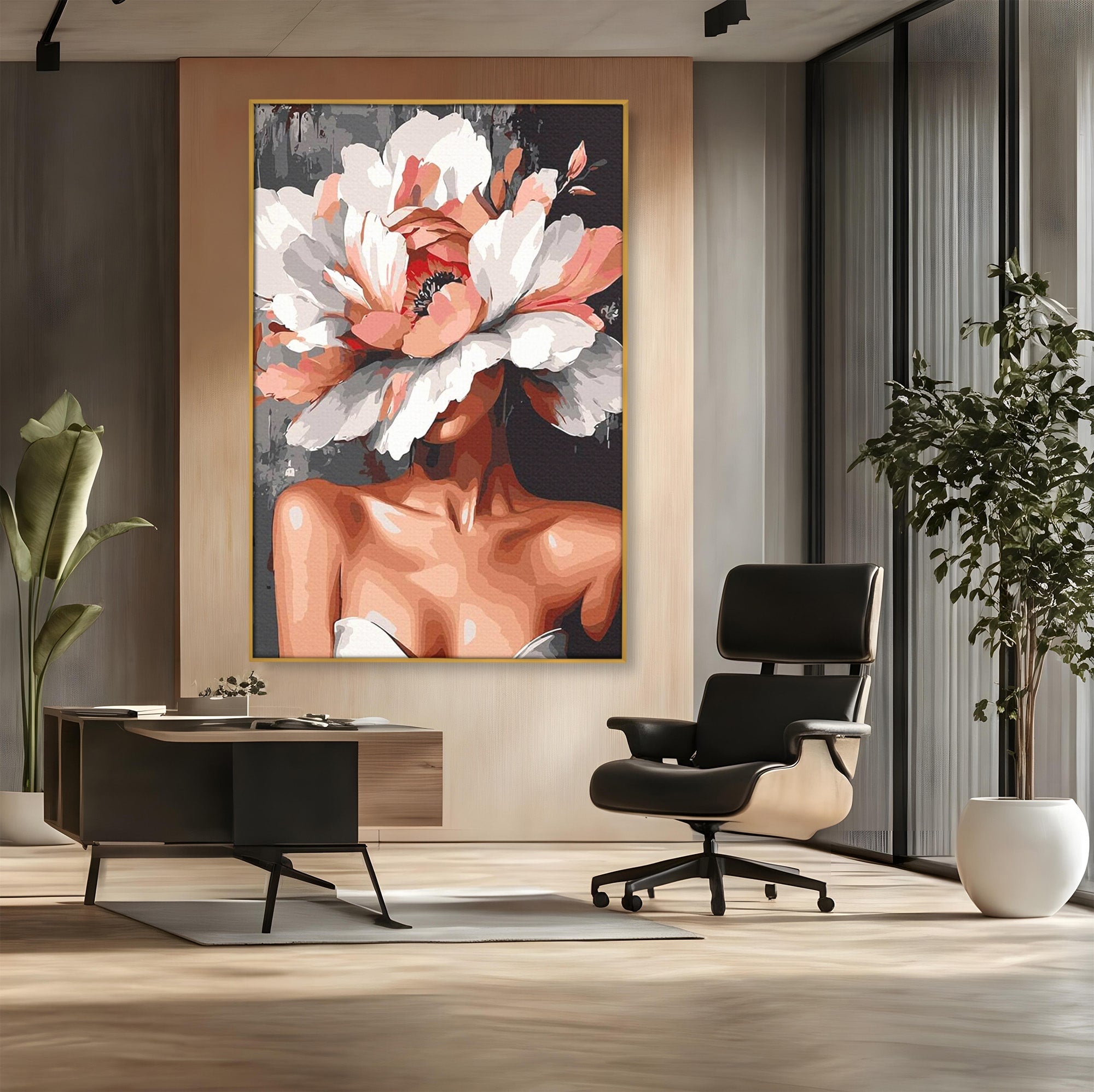 Tablou Canvas Premium LuxCanva® PI1049, Femeie Cu Floare, Femeie, Floare, Portret, Arta Abstracta, Dormitor, Culori Vibrante