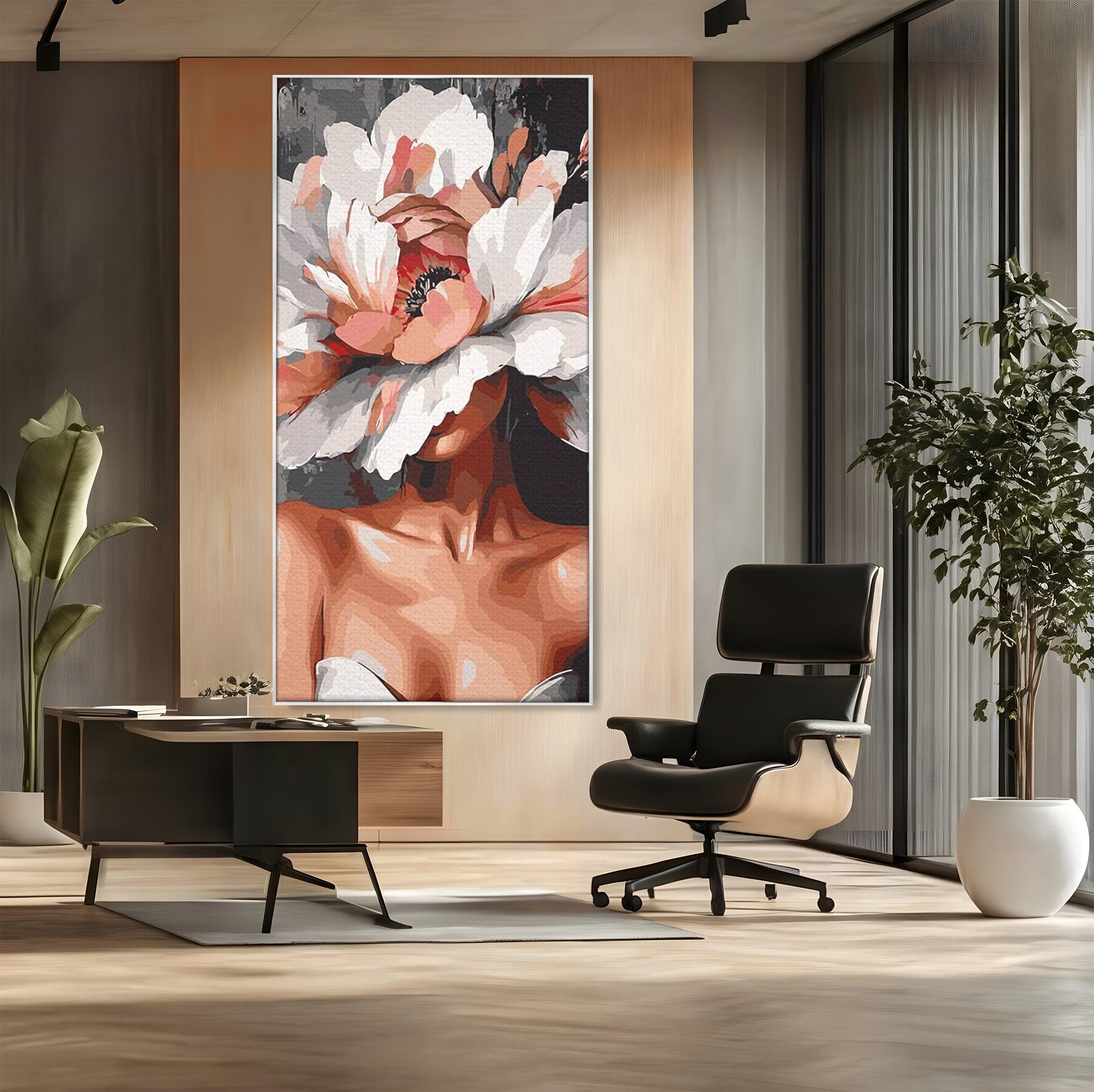 Tablou Canvas Premium LuxCanva® PI1049, Femeie Cu Floare, Femeie, Floare, Portret, Arta Abstracta, Dormitor, Culori Vibrante