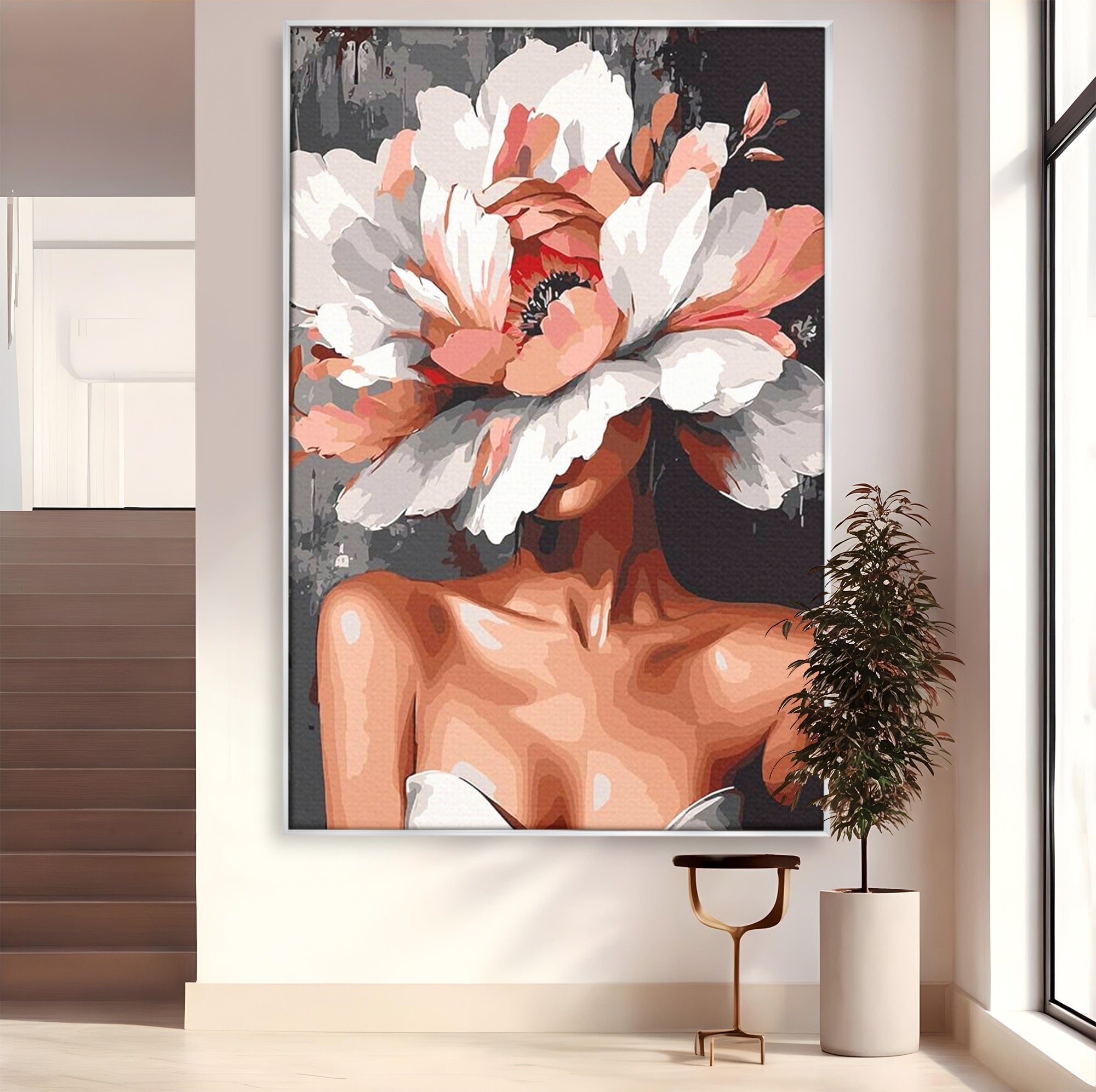 Tablou Canvas Premium LuxCanva® PI1049, Femeie Cu Floare, Femeie, Floare, Portret, Arta Abstracta, Dormitor, Culori Vibrante