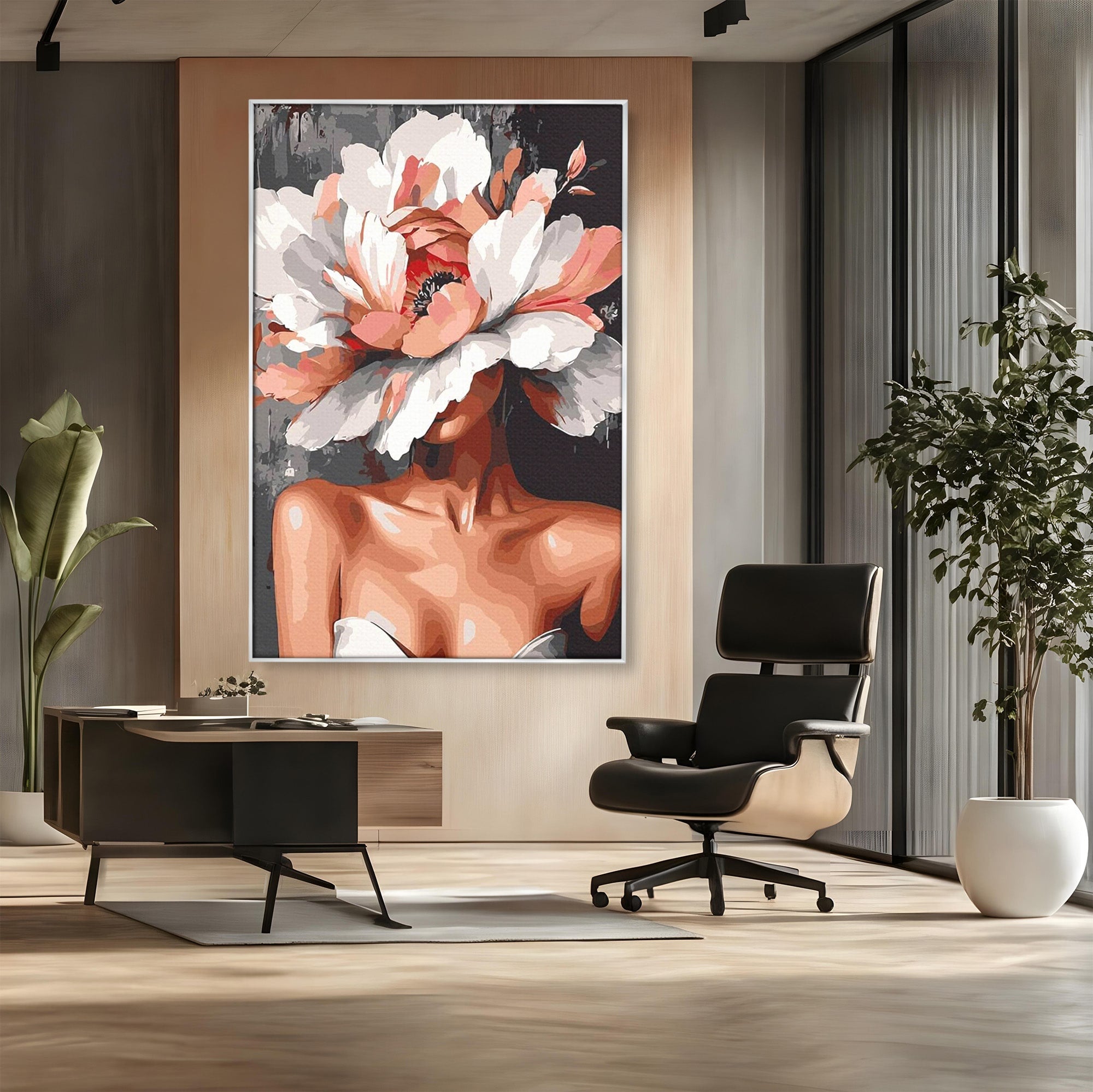 Tablou Canvas Premium LuxCanva® PI1049, Femeie Cu Floare, Femeie, Floare, Portret, Arta Abstracta, Dormitor, Culori Vibrante
