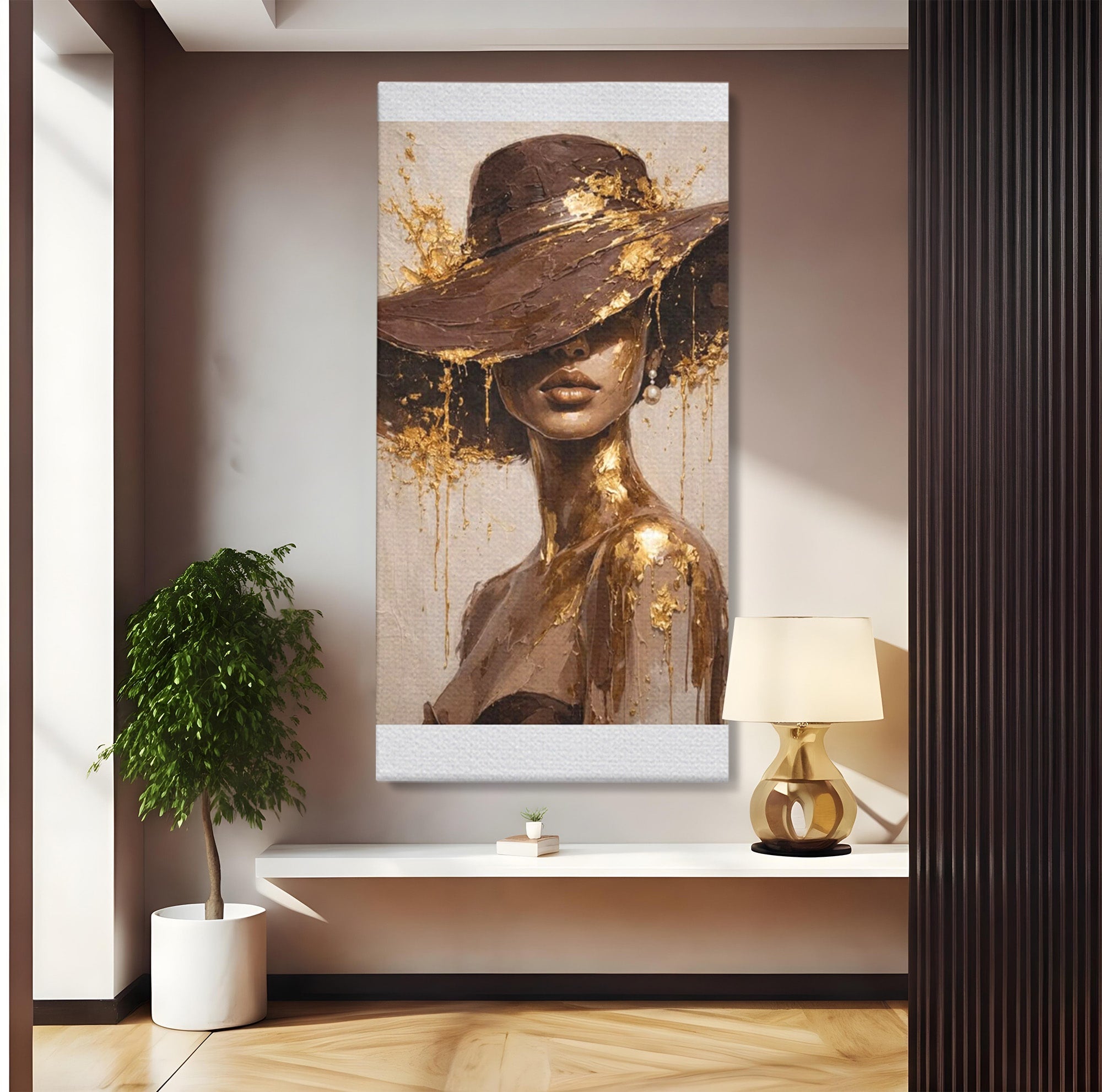 Tablou Canvas Premium LuxCanva® PI1050, Misterul Aurit, Portret, Femeie, Eleganta, Moda, Dormitor, Culori Vibrante