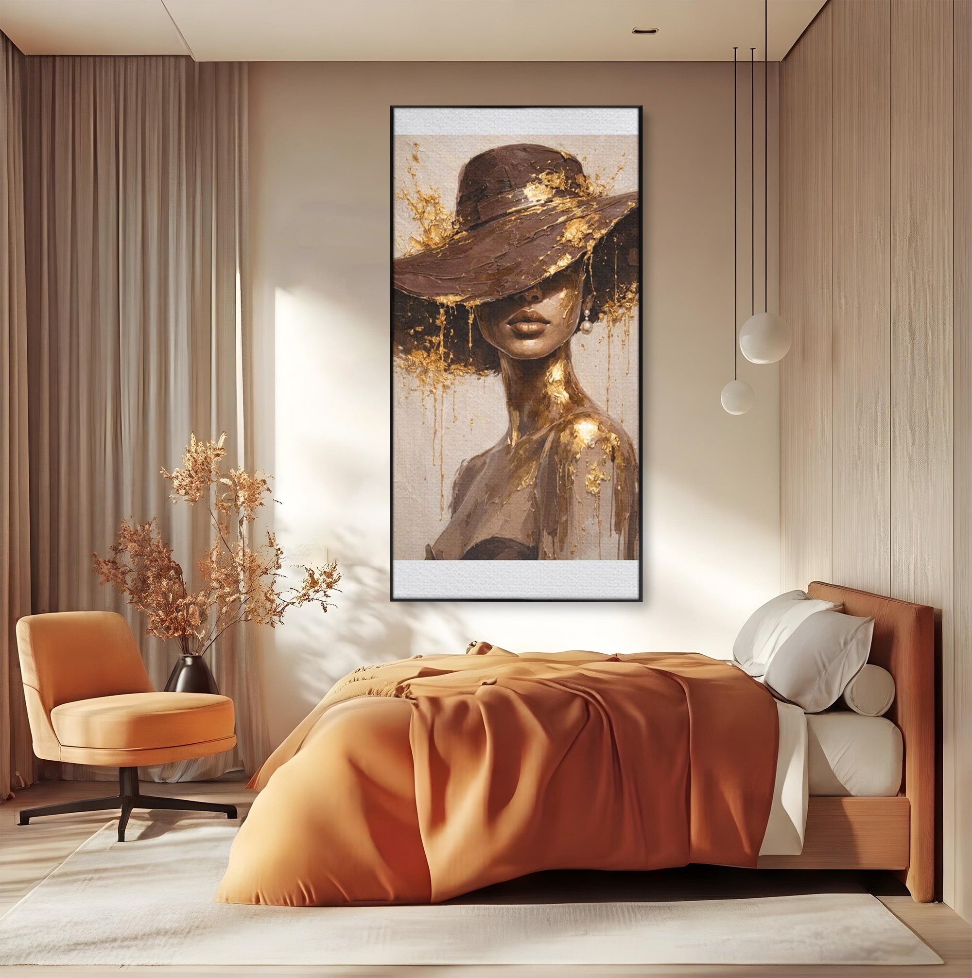 Tablou Canvas Premium LuxCanva® PI1050, Misterul Aurit, Portret, Femeie, Eleganta, Moda, Dormitor, Culori Vibrante
