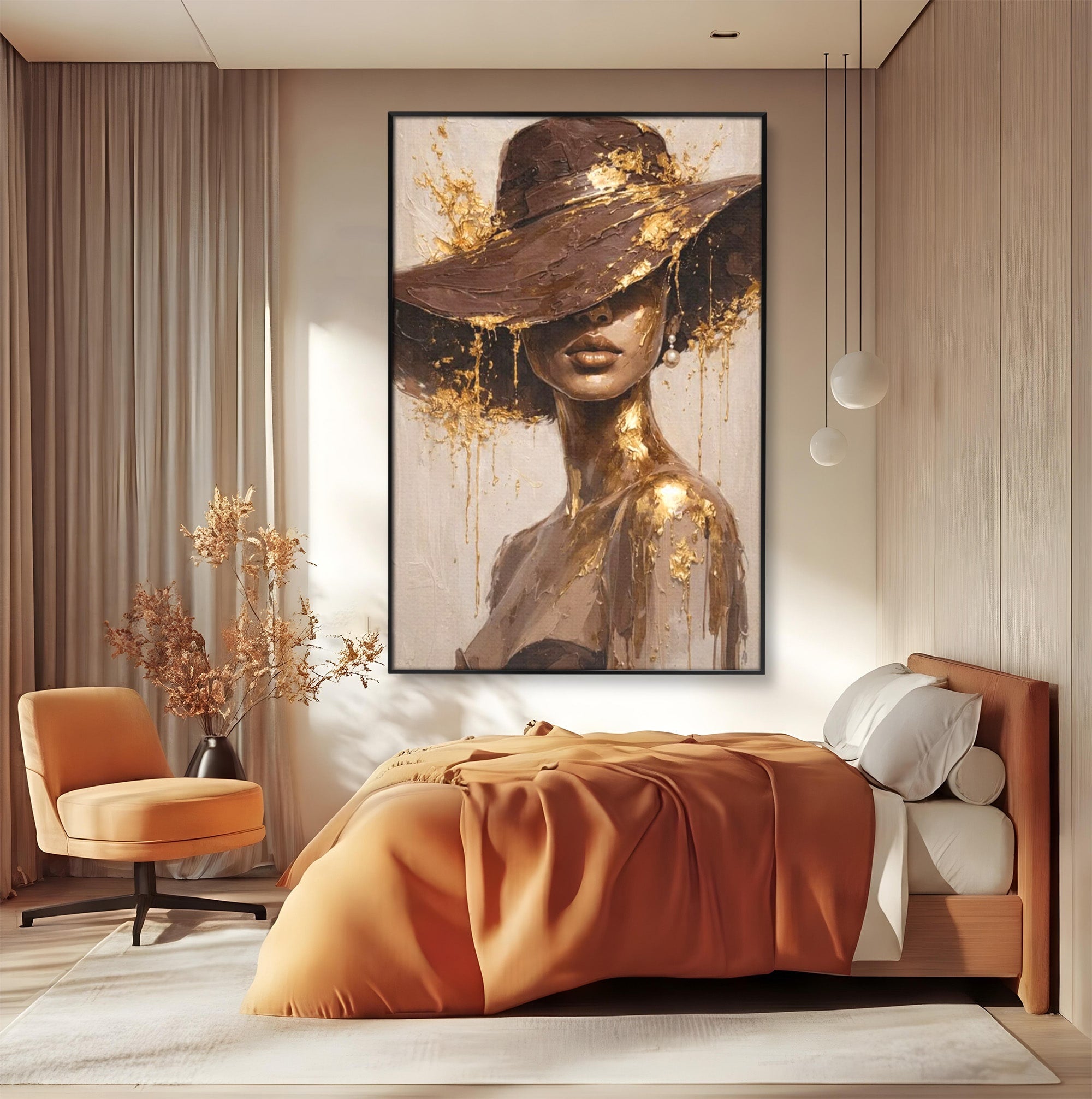 Tablou Canvas Premium LuxCanva® PI1050, Misterul Aurit, Portret, Femeie, Eleganta, Moda, Dormitor, Culori Vibrante
