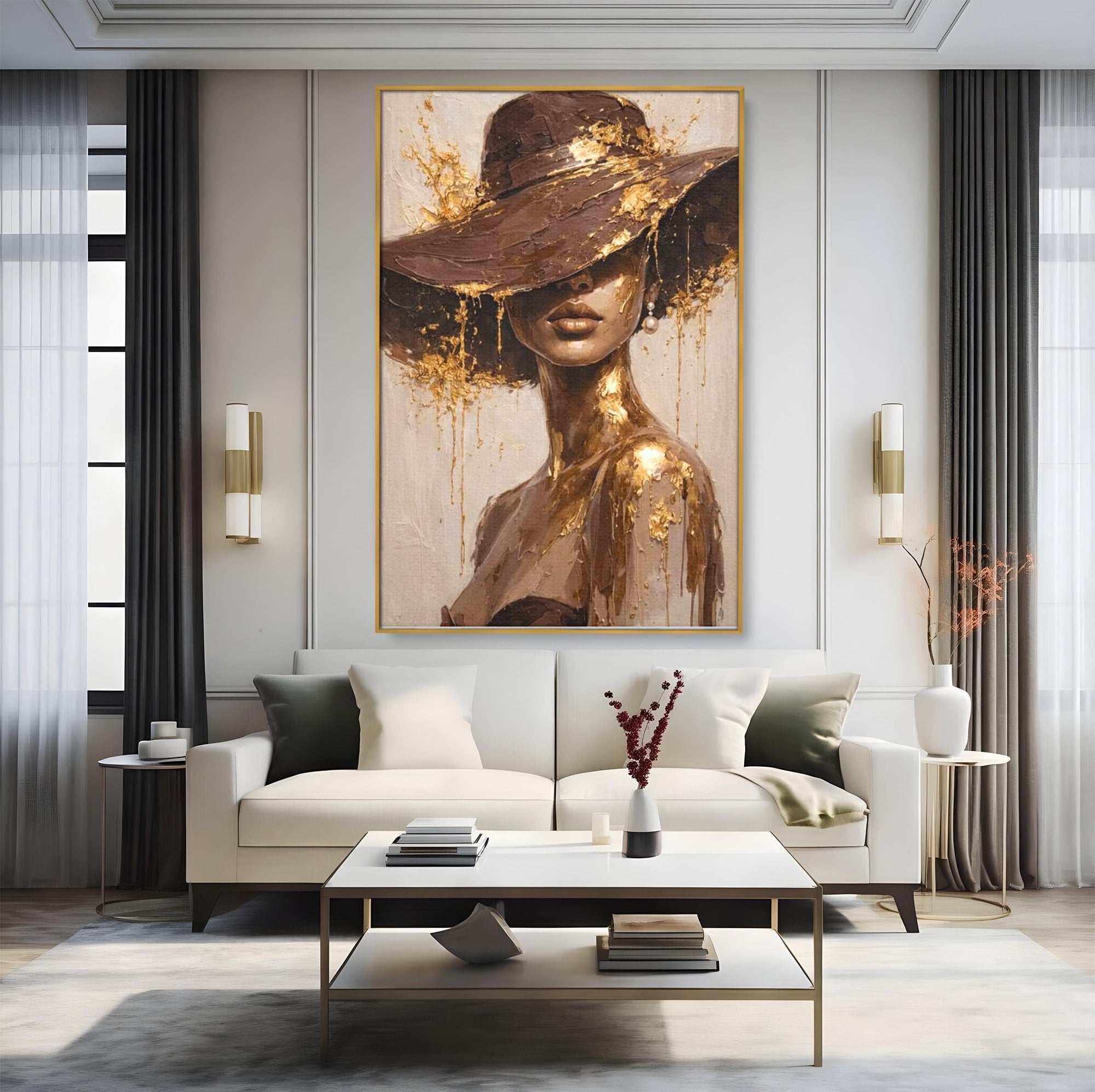 Tablou Canvas Premium LuxCanva® PI1050, Misterul Aurit, Portret, Femeie, Eleganta, Moda, Dormitor, Culori Vibrante