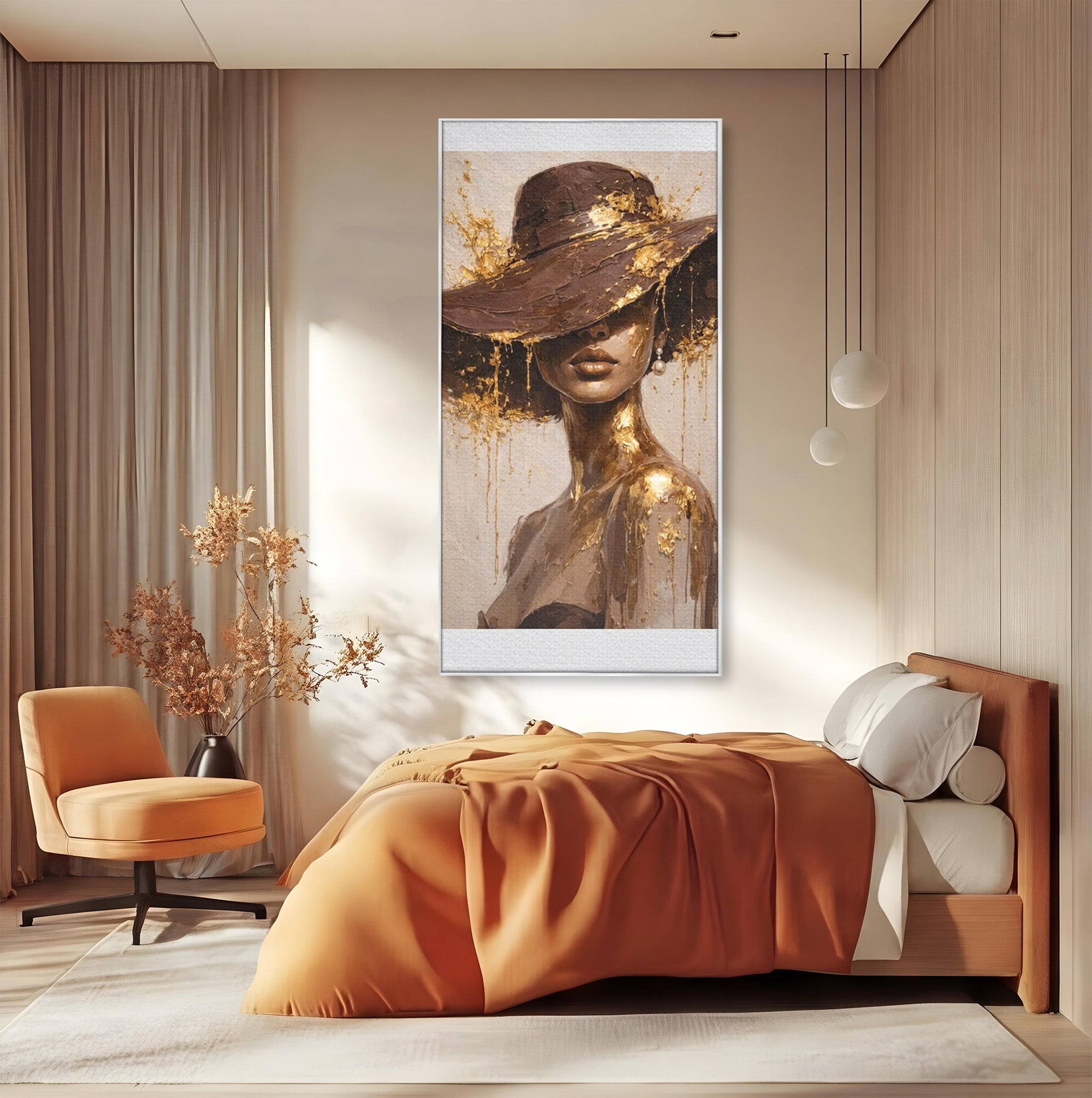 Tablou Canvas Premium LuxCanva® PI1050, Misterul Aurit, Portret, Femeie, Eleganta, Moda, Dormitor, Culori Vibrante