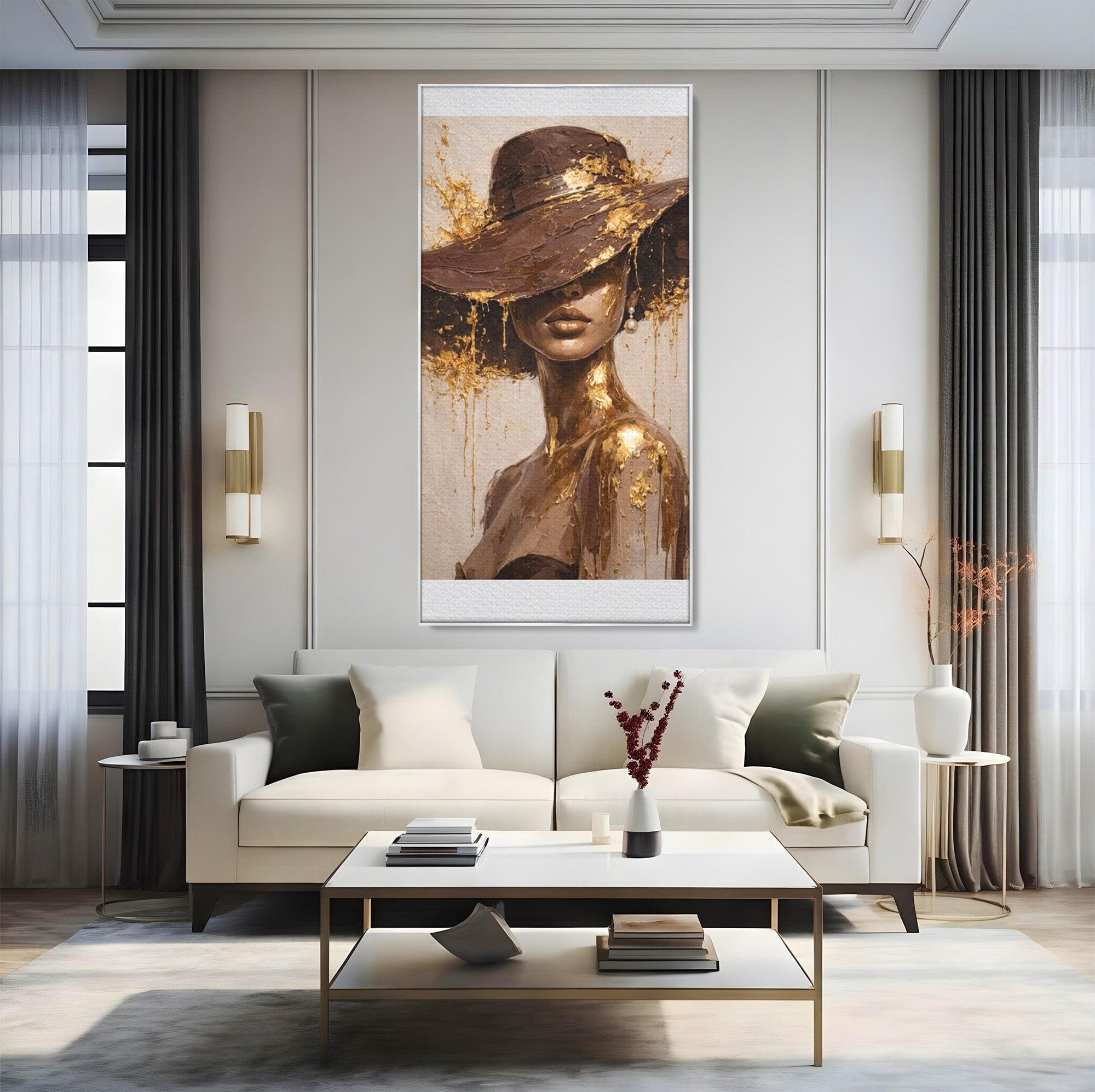 Tablou Canvas Premium LuxCanva® PI1050, Misterul Aurit, Portret, Femeie, Eleganta, Moda, Dormitor, Culori Vibrante