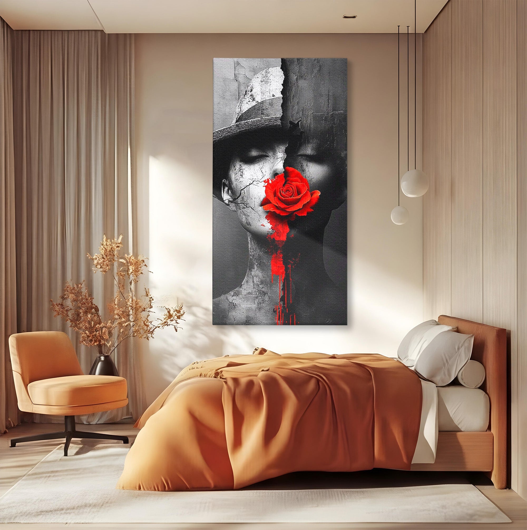 Tablou Canvas Premium LuxCanva® PI1051, Portret Cu Trandafir Rosu, Portret, Trandafir, Abstract, Living, Dormitor, Culori Vibrante