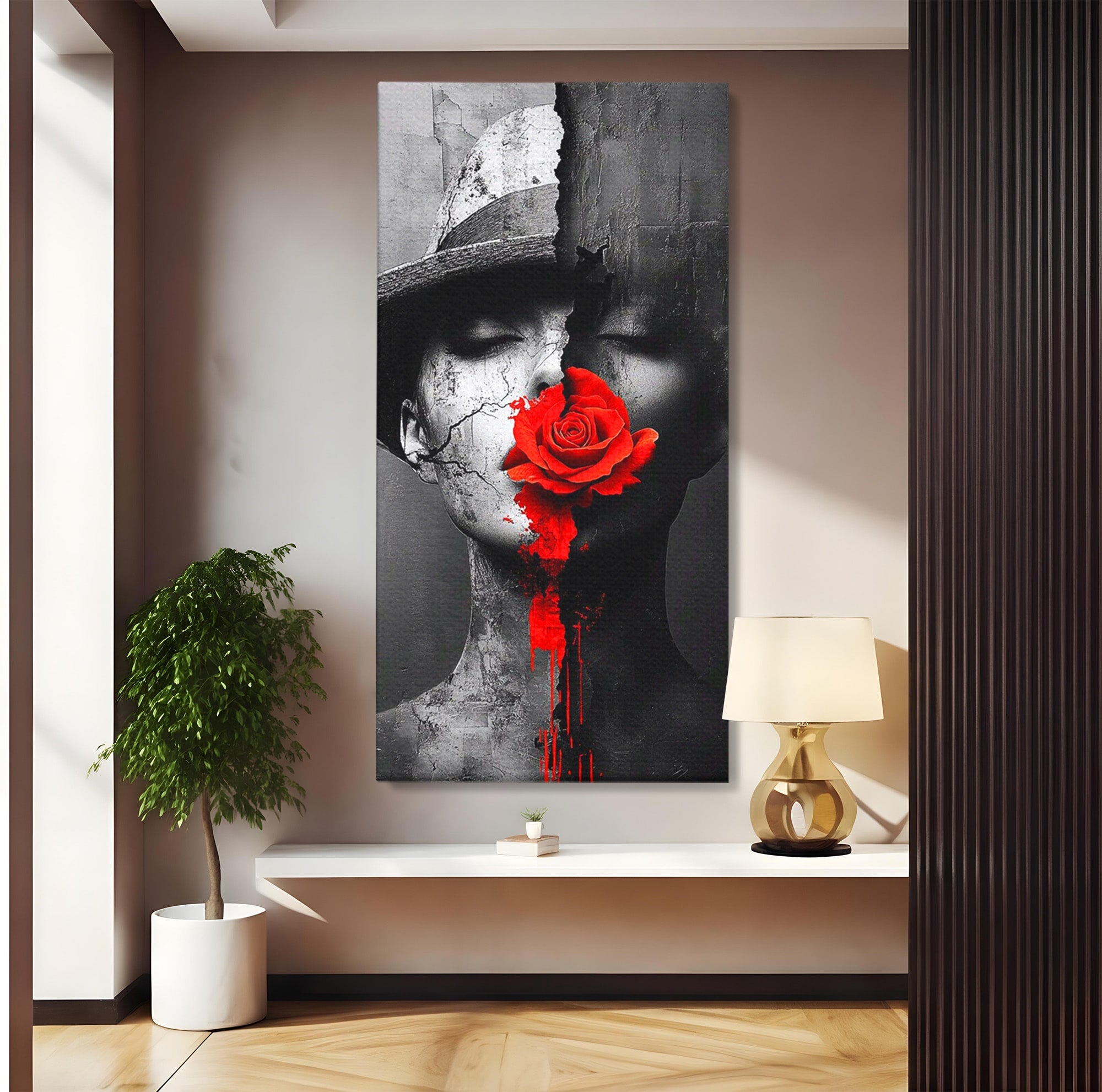 Tablou Canvas Premium LuxCanva® PI1051, Portret Cu Trandafir Rosu, Portret, Trandafir, Abstract, Living, Dormitor, Culori Vibrante