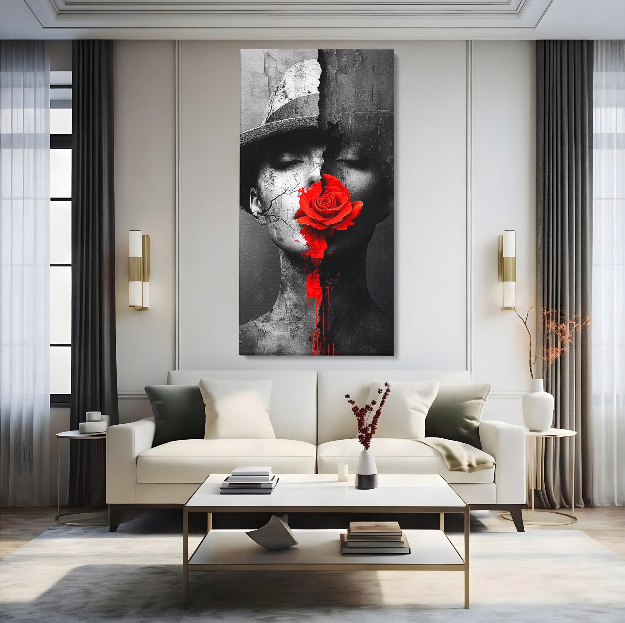Tablou Canvas Premium LuxCanva® PI1051, Portret Cu Trandafir Rosu, Portret, Trandafir, Abstract, Living, Dormitor, Culori Vibrante