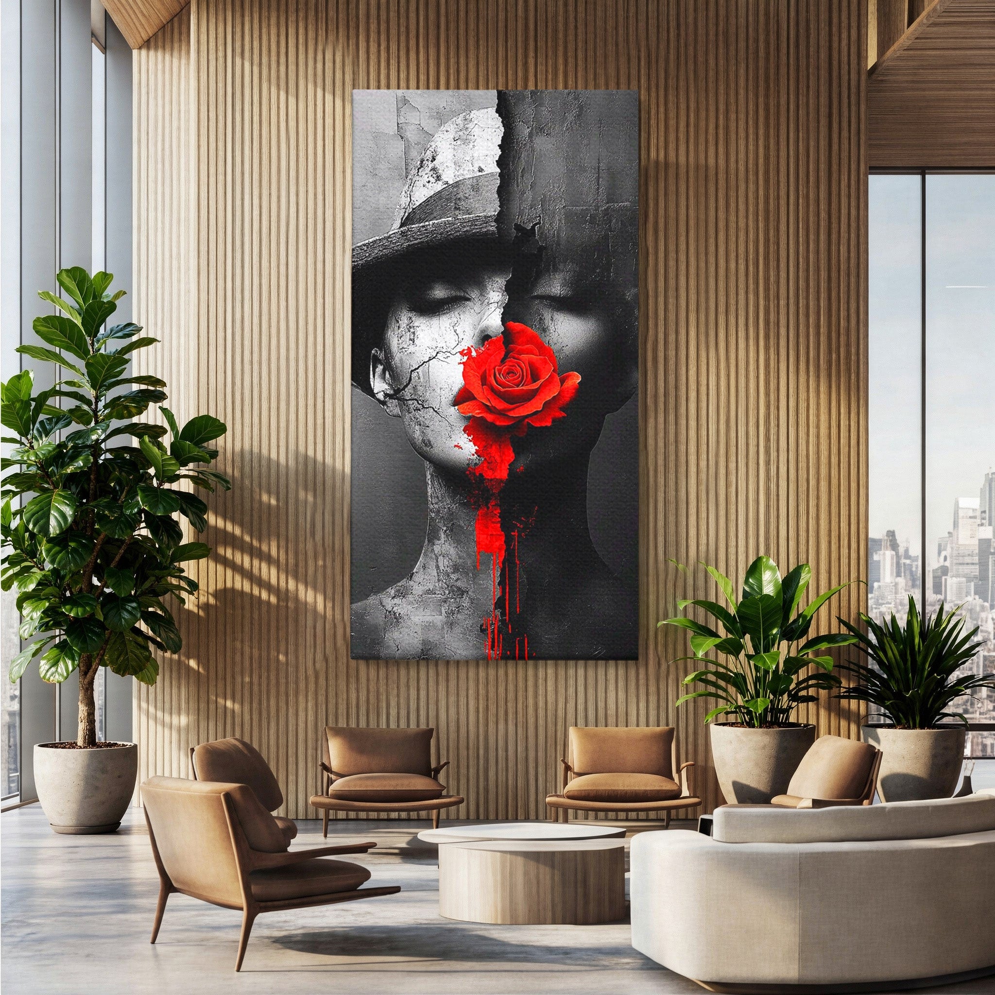 Tablou Canvas Premium LuxCanva® PI1051, Portret Cu Trandafir Rosu, Portret, Trandafir, Abstract, Living, Dormitor, Culori Vibrante