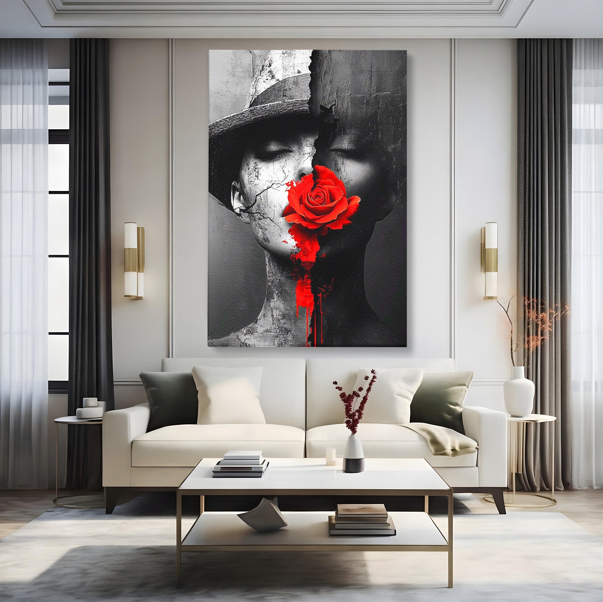 Tablou Canvas Premium LuxCanva® PI1051, Portret Cu Trandafir Rosu, Portret, Trandafir, Abstract, Living, Dormitor, Culori Vibrante