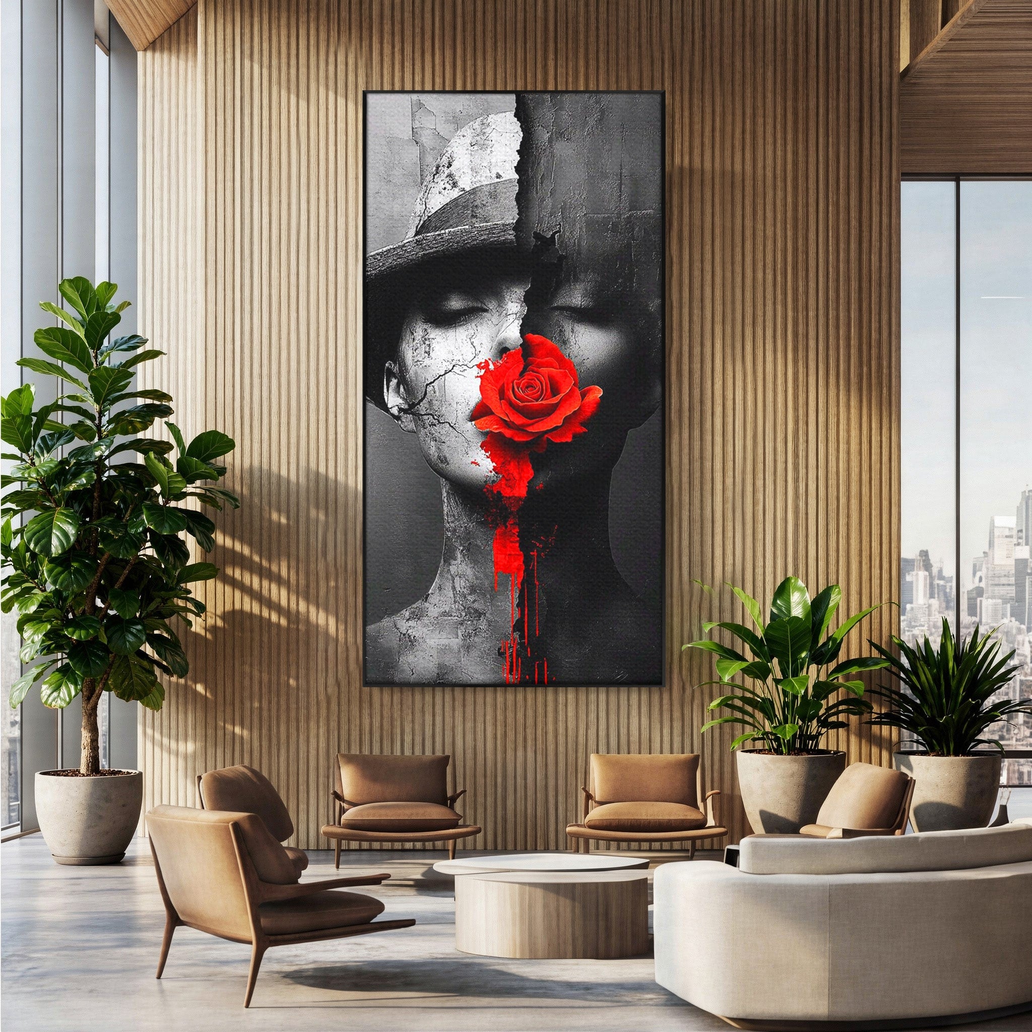 Tablou Canvas Premium LuxCanva® PI1051, Portret Cu Trandafir Rosu, Portret, Trandafir, Abstract, Living, Dormitor, Culori Vibrante