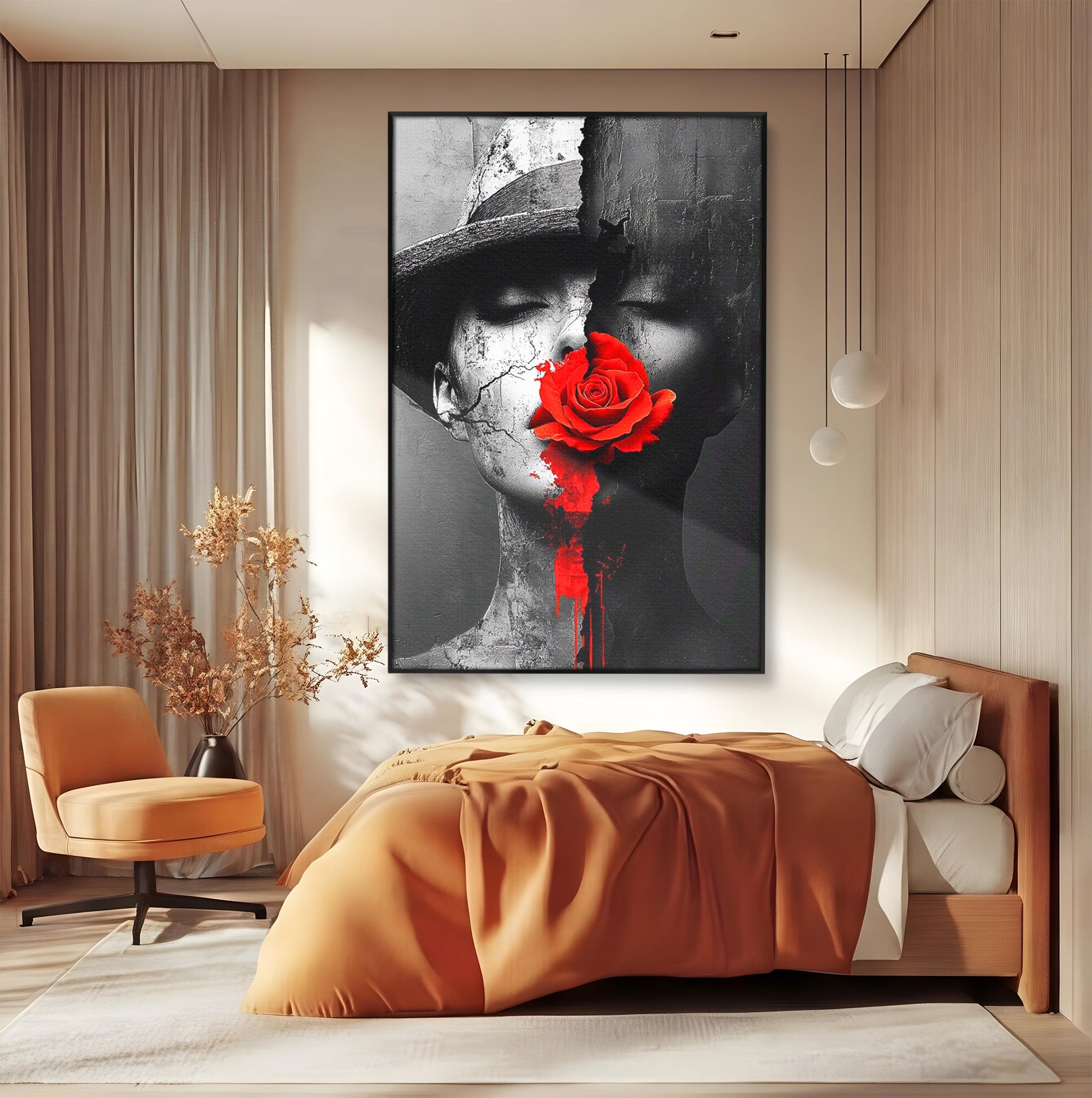 Tablou Canvas Premium LuxCanva® PI1051, Portret Cu Trandafir Rosu, Portret, Trandafir, Abstract, Living, Dormitor, Culori Vibrante