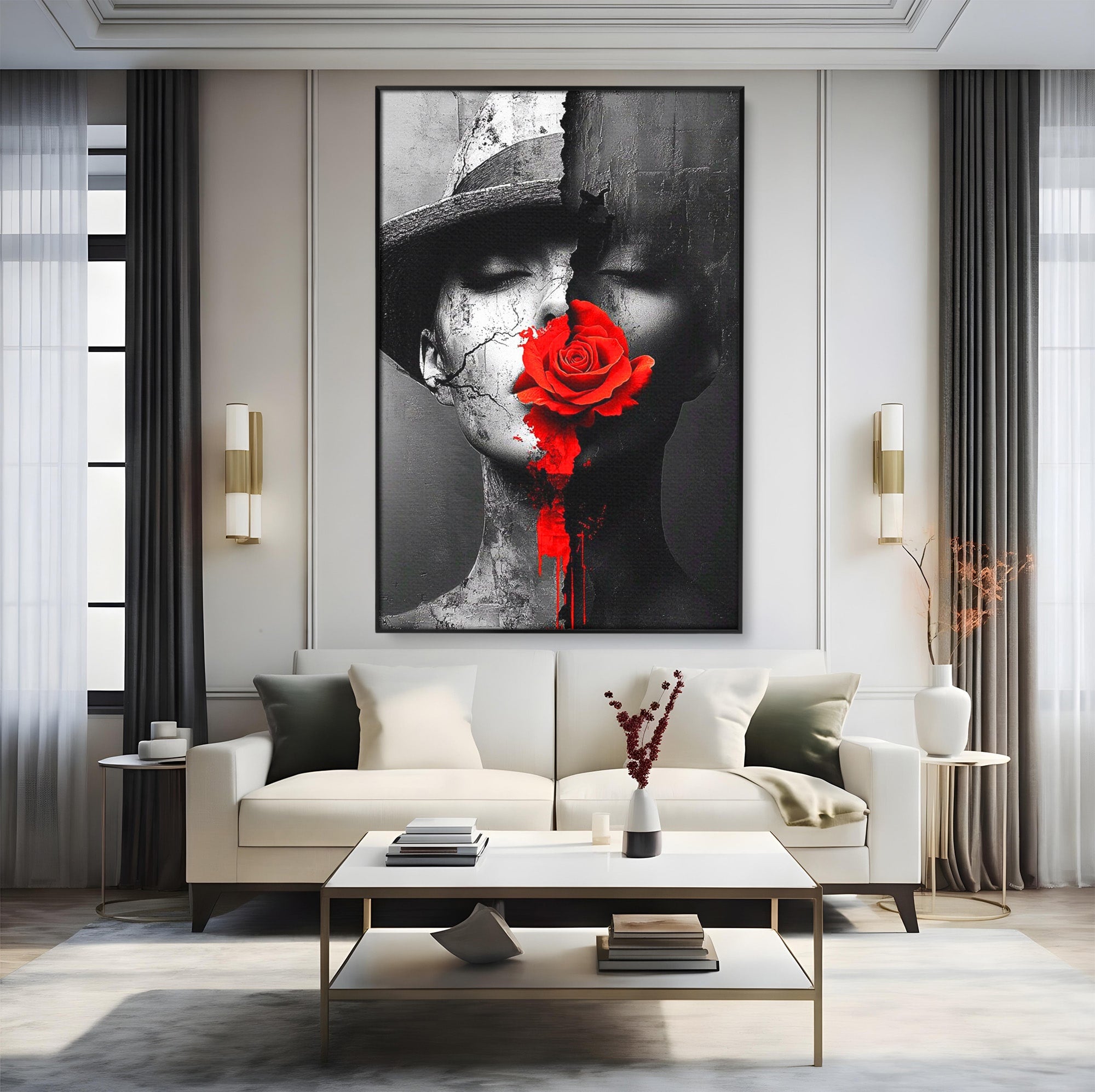 Tablou Canvas Premium LuxCanva® PI1051, Portret Cu Trandafir Rosu, Portret, Trandafir, Abstract, Living, Dormitor, Culori Vibrante