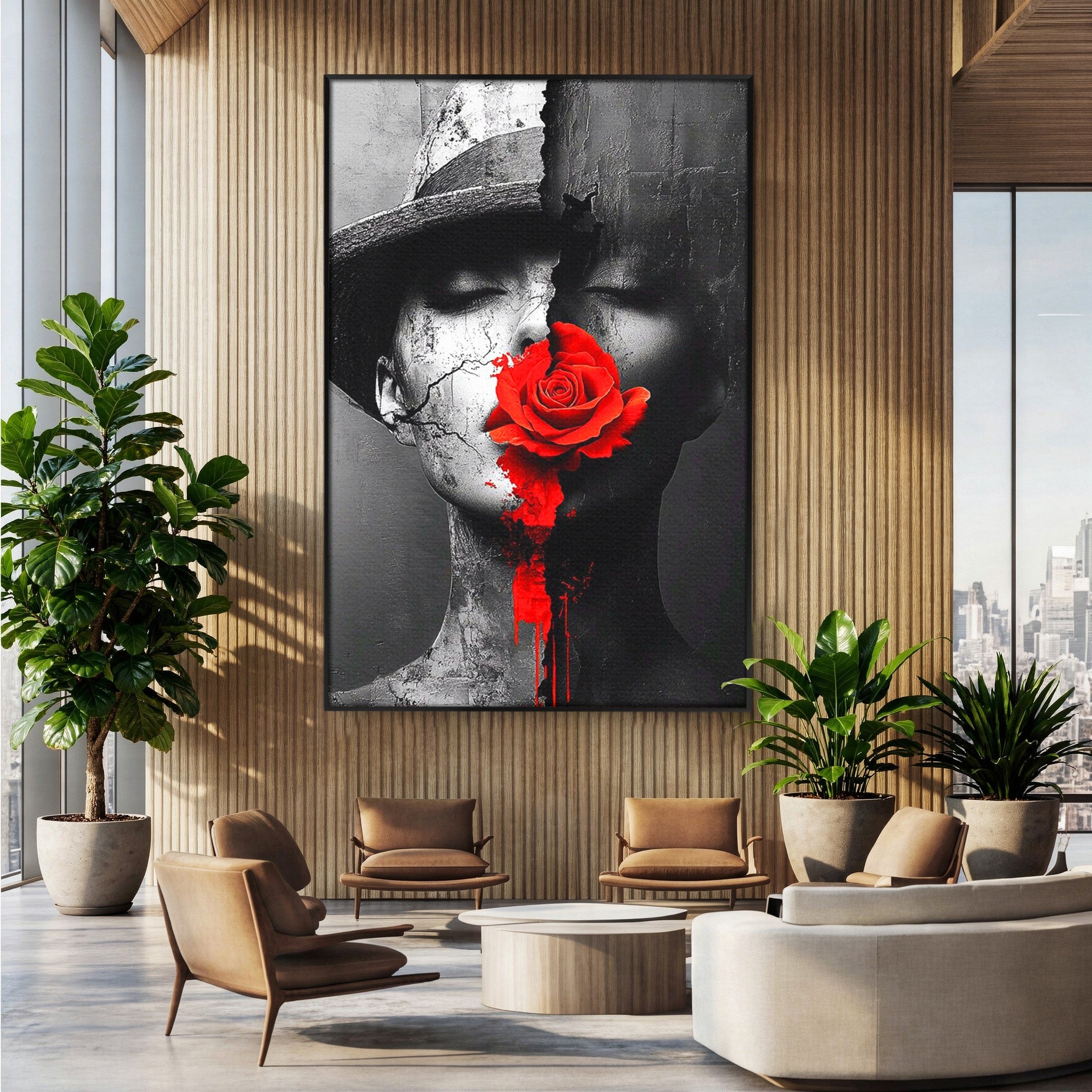 Tablou Canvas Premium LuxCanva® PI1051, Portret Cu Trandafir Rosu, Portret, Trandafir, Abstract, Living, Dormitor, Culori Vibrante