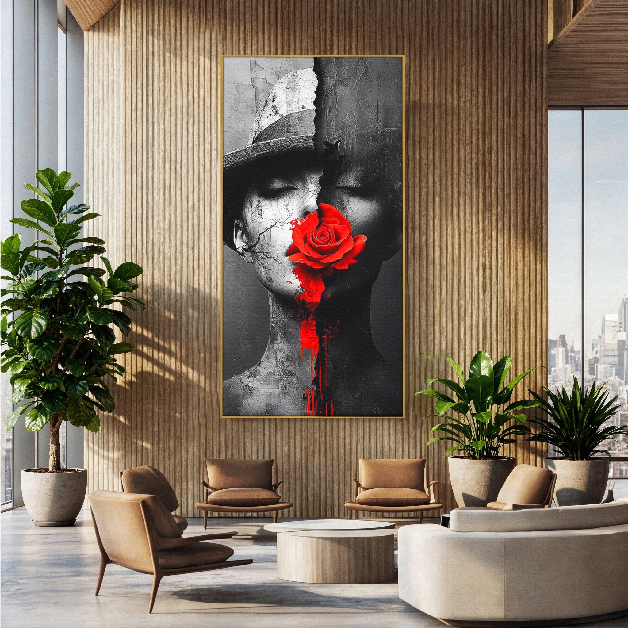 Tablou Canvas Premium LuxCanva® PI1051, Portret Cu Trandafir Rosu, Portret, Trandafir, Abstract, Living, Dormitor, Culori Vibrante