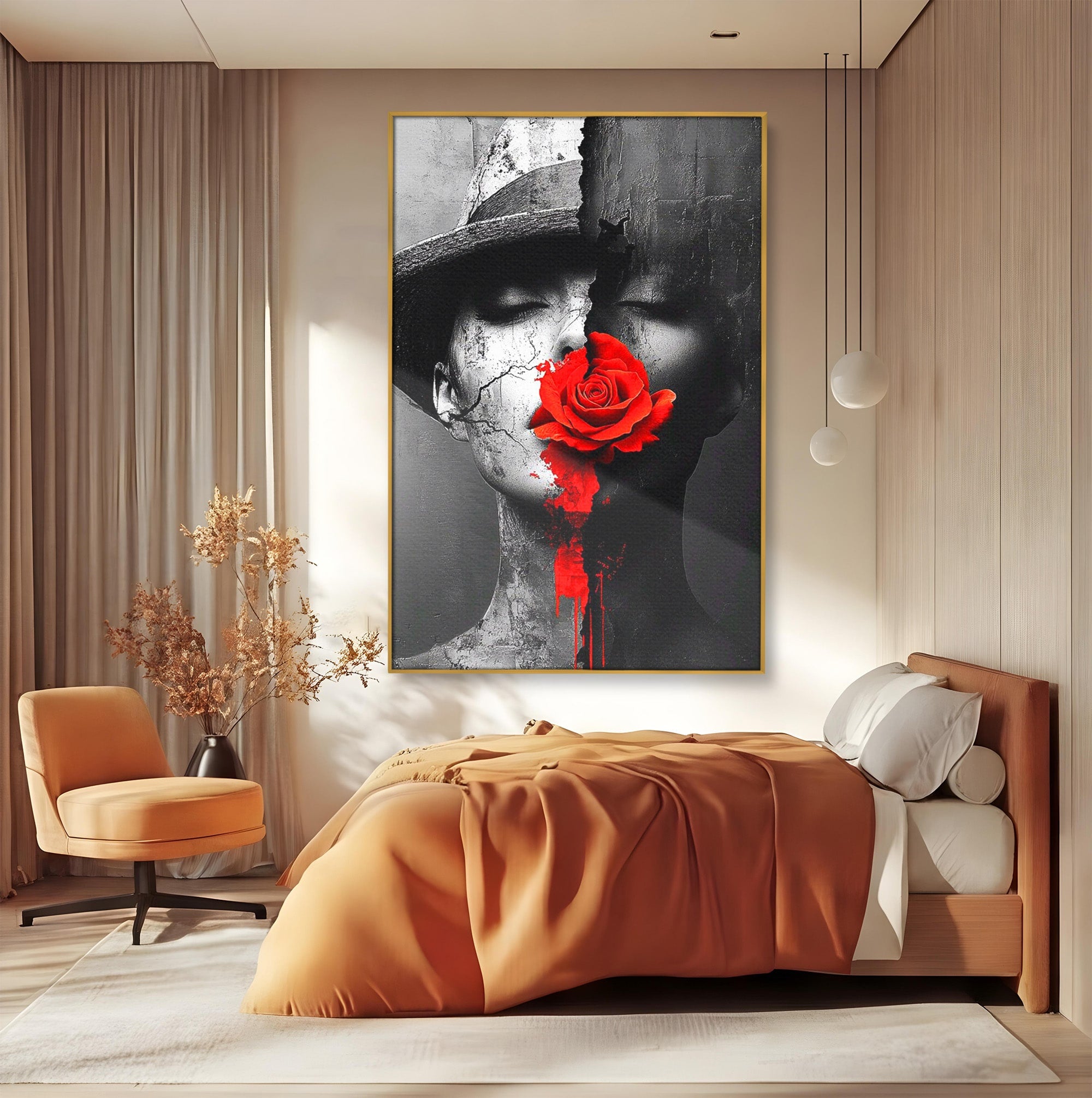 Tablou Canvas Premium LuxCanva® PI1051, Portret Cu Trandafir Rosu, Portret, Trandafir, Abstract, Living, Dormitor, Culori Vibrante