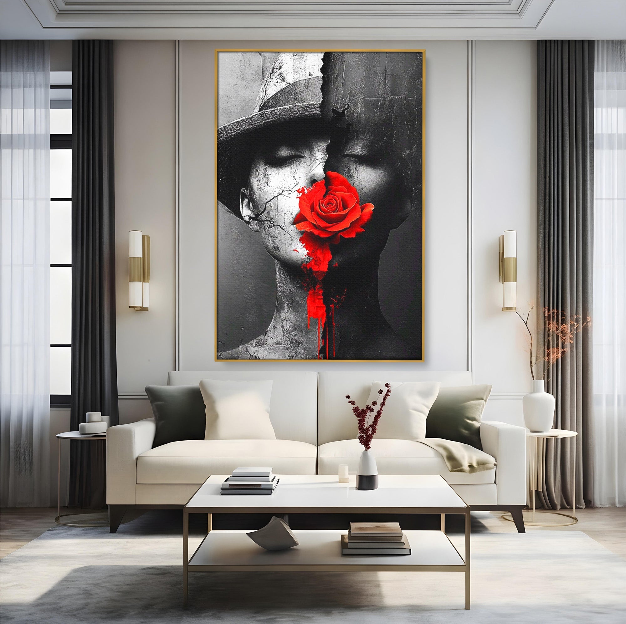 Tablou Canvas Premium LuxCanva® PI1051, Portret Cu Trandafir Rosu, Portret, Trandafir, Abstract, Living, Dormitor, Culori Vibrante