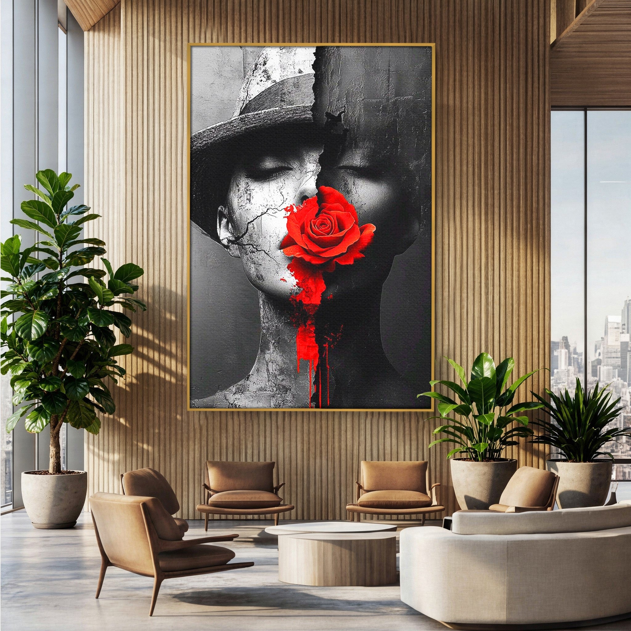 Tablou Canvas Premium LuxCanva® PI1051, Portret Cu Trandafir Rosu, Portret, Trandafir, Abstract, Living, Dormitor, Culori Vibrante