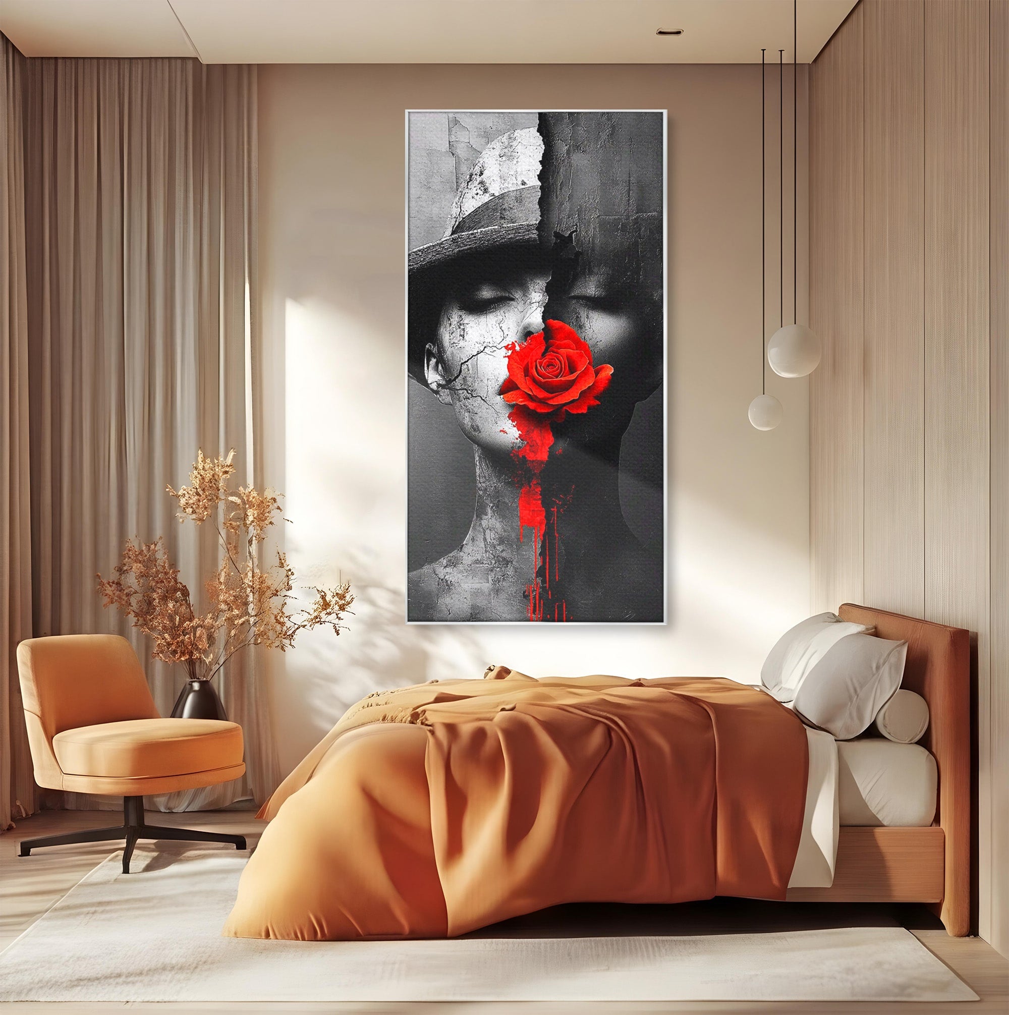 Tablou Canvas Premium LuxCanva® PI1051, Portret Cu Trandafir Rosu, Portret, Trandafir, Abstract, Living, Dormitor, Culori Vibrante