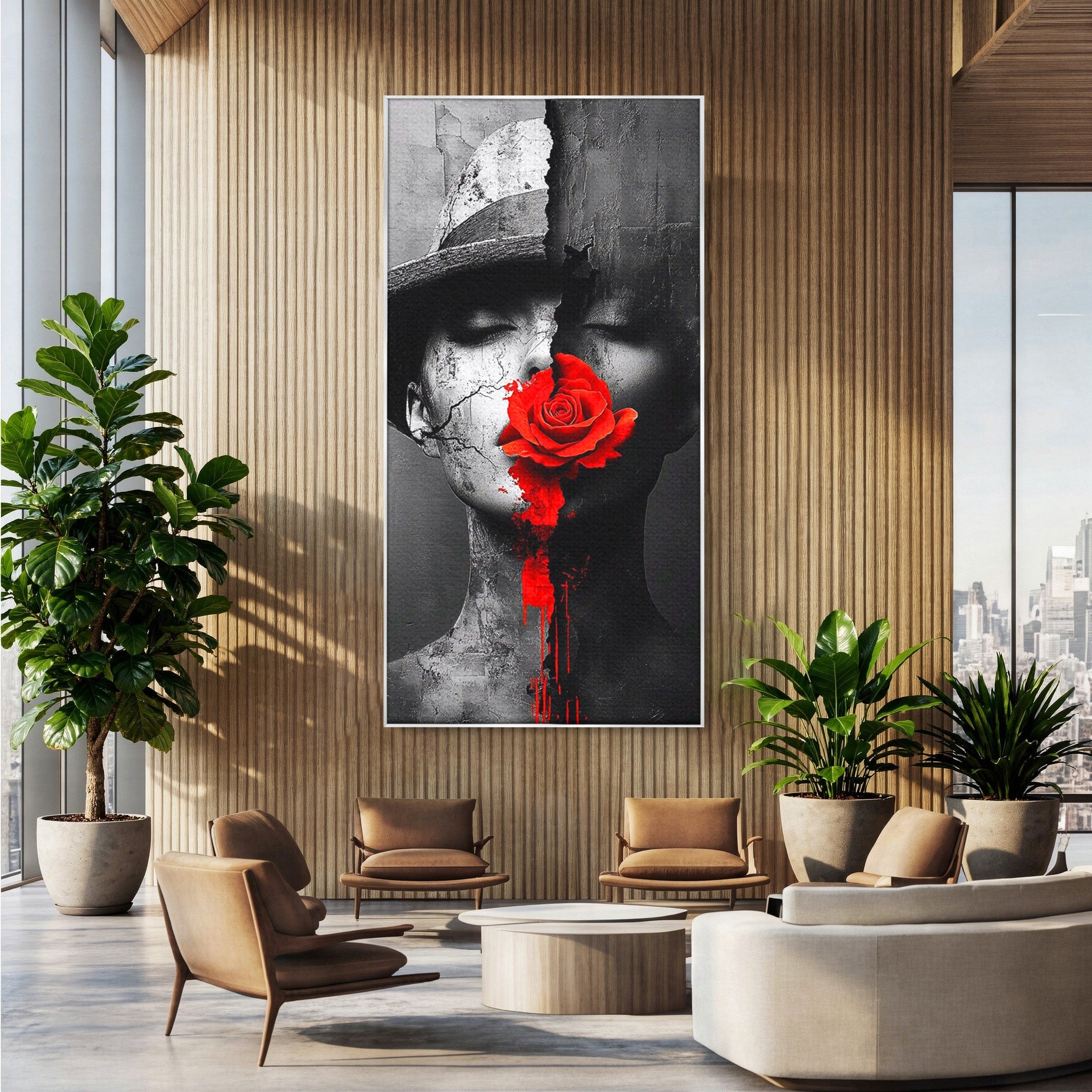 Tablou Canvas Premium LuxCanva® PI1051, Portret Cu Trandafir Rosu, Portret, Trandafir, Abstract, Living, Dormitor, Culori Vibrante