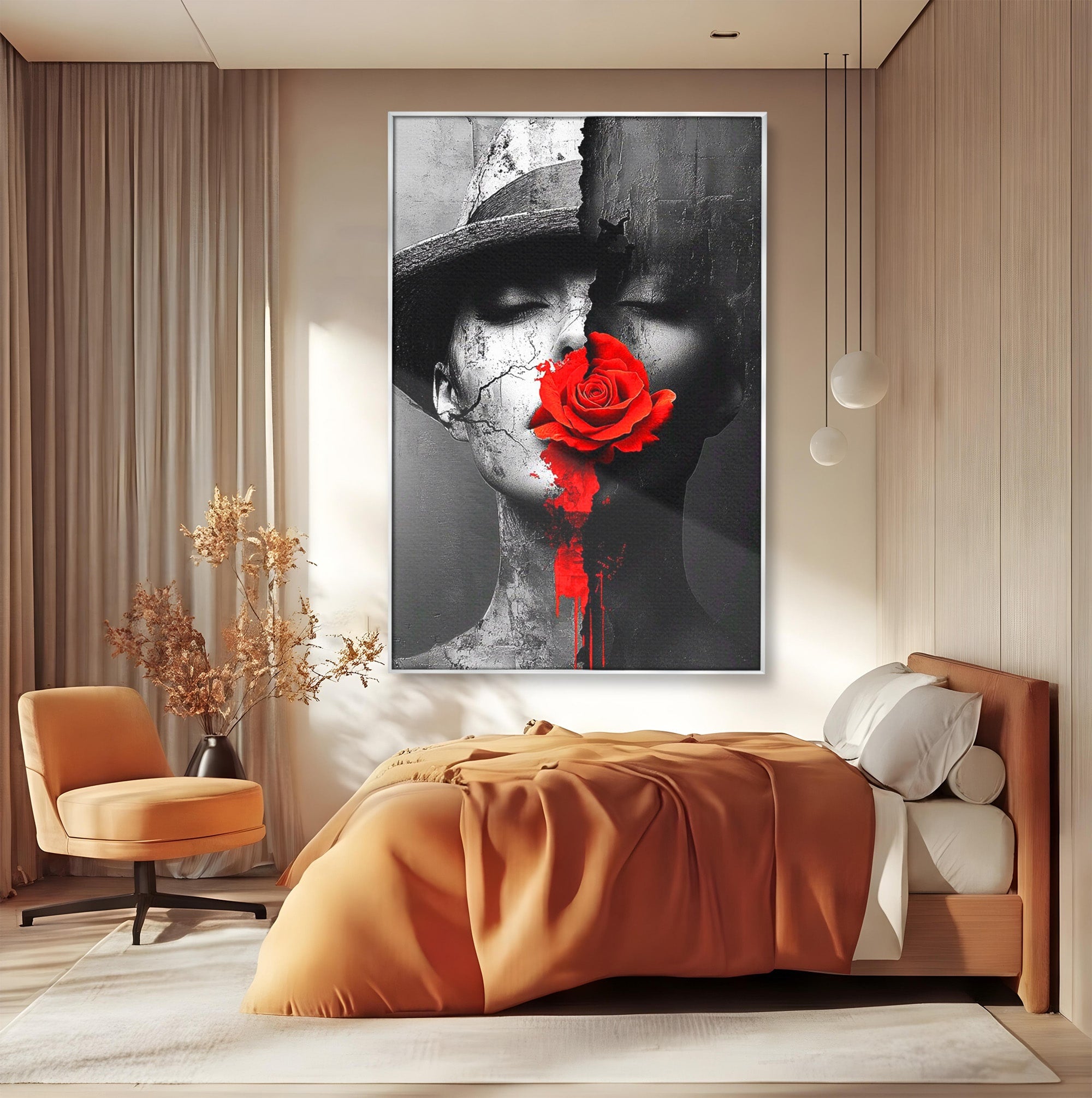 Tablou Canvas Premium LuxCanva® PI1051, Portret Cu Trandafir Rosu, Portret, Trandafir, Abstract, Living, Dormitor, Culori Vibrante