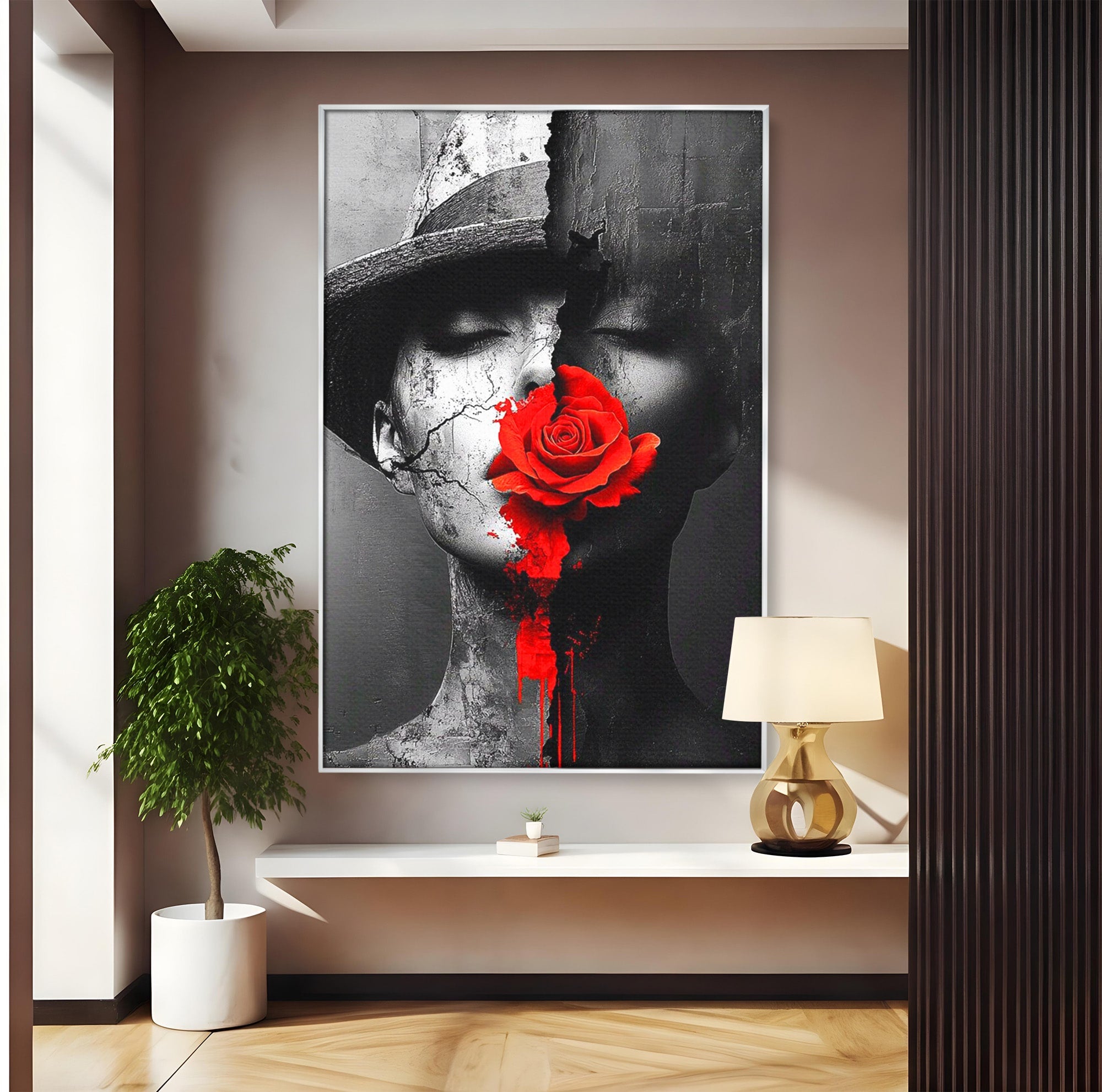 Tablou Canvas Premium LuxCanva® PI1051, Portret Cu Trandafir Rosu, Portret, Trandafir, Abstract, Living, Dormitor, Culori Vibrante