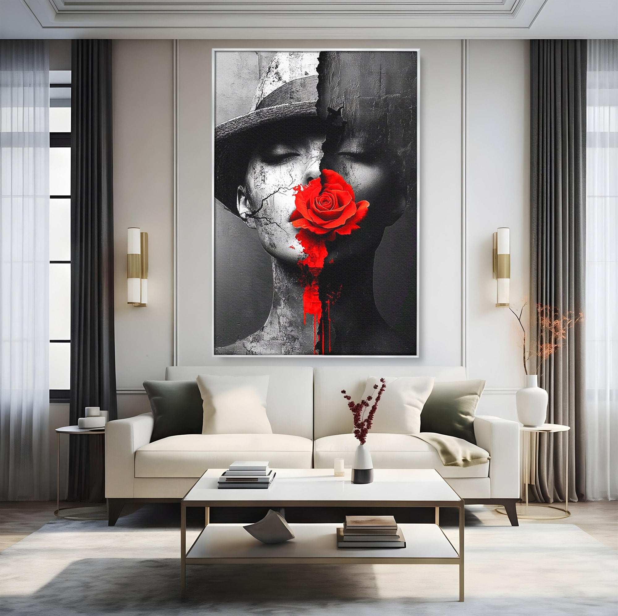 Tablou Canvas Premium LuxCanva® PI1051, Portret Cu Trandafir Rosu, Portret, Trandafir, Abstract, Living, Dormitor, Culori Vibrante