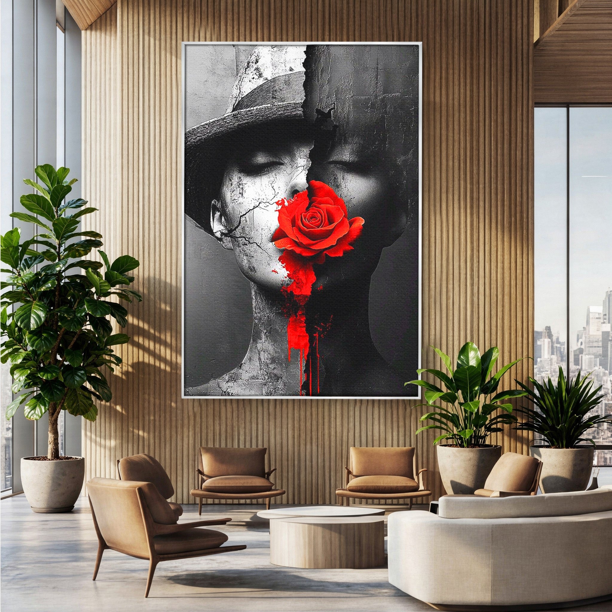 Tablou Canvas Premium LuxCanva® PI1051, Portret Cu Trandafir Rosu, Portret, Trandafir, Abstract, Living, Dormitor, Culori Vibrante