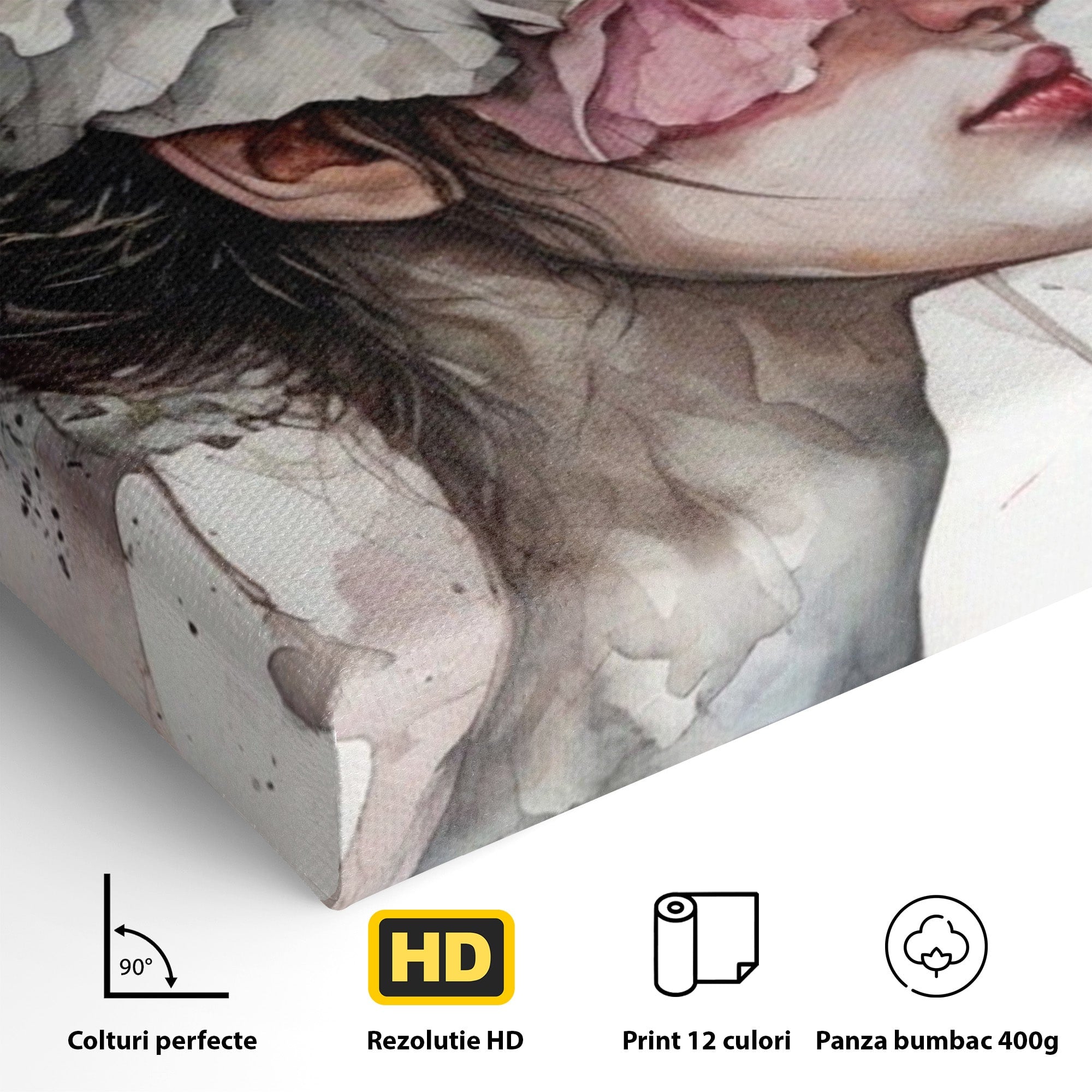 Tablou Canvas Premium LuxCanva® PI1052, Femeie Cu Flori Pe Cap, Femeie, Flori, Portret, Arta, Dormitor, Culori Vibrante