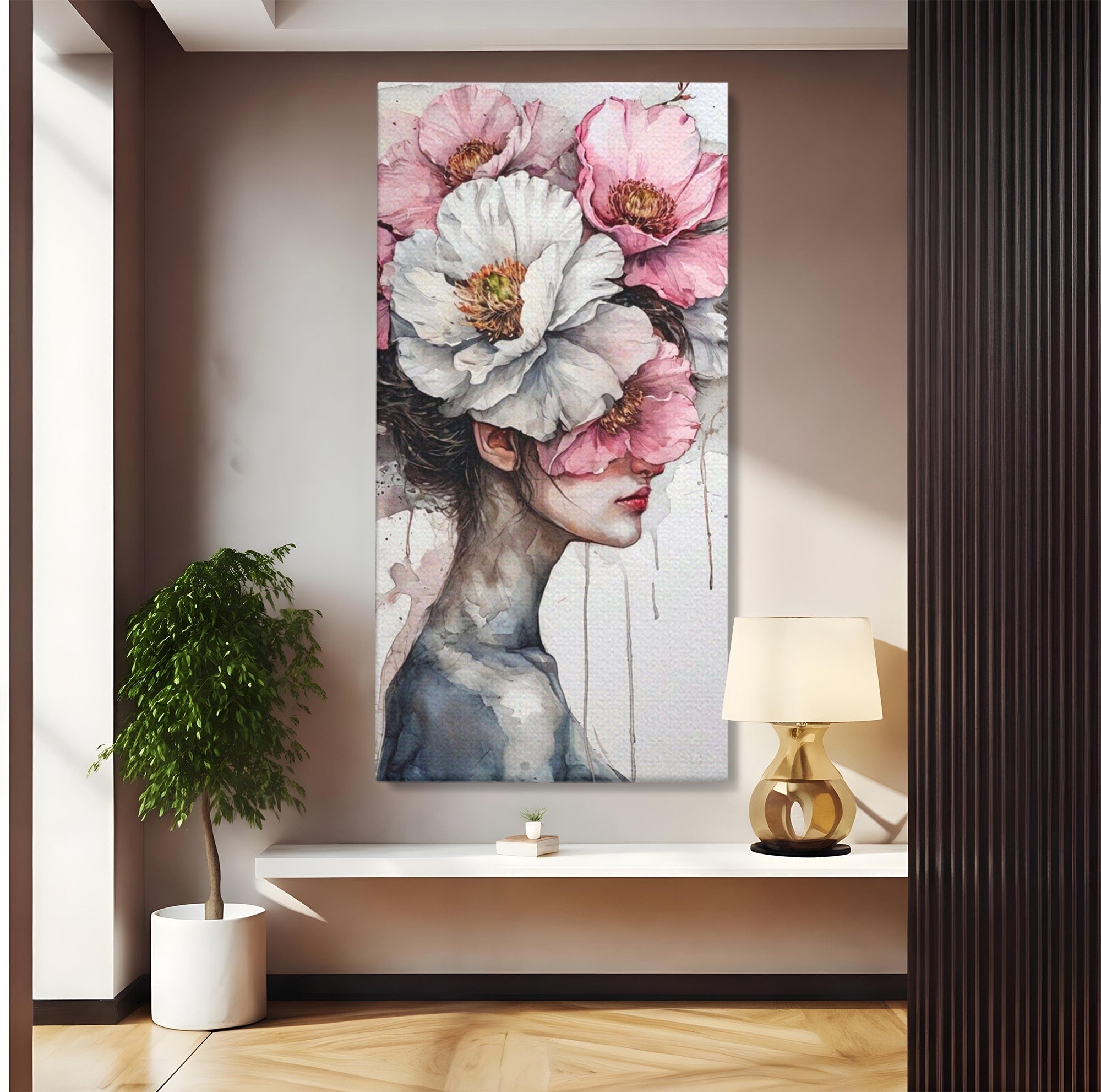 Tablou Canvas Premium LuxCanva® PI1052, Femeie Cu Flori Pe Cap, Femeie, Flori, Portret, Arta, Dormitor, Culori Vibrante