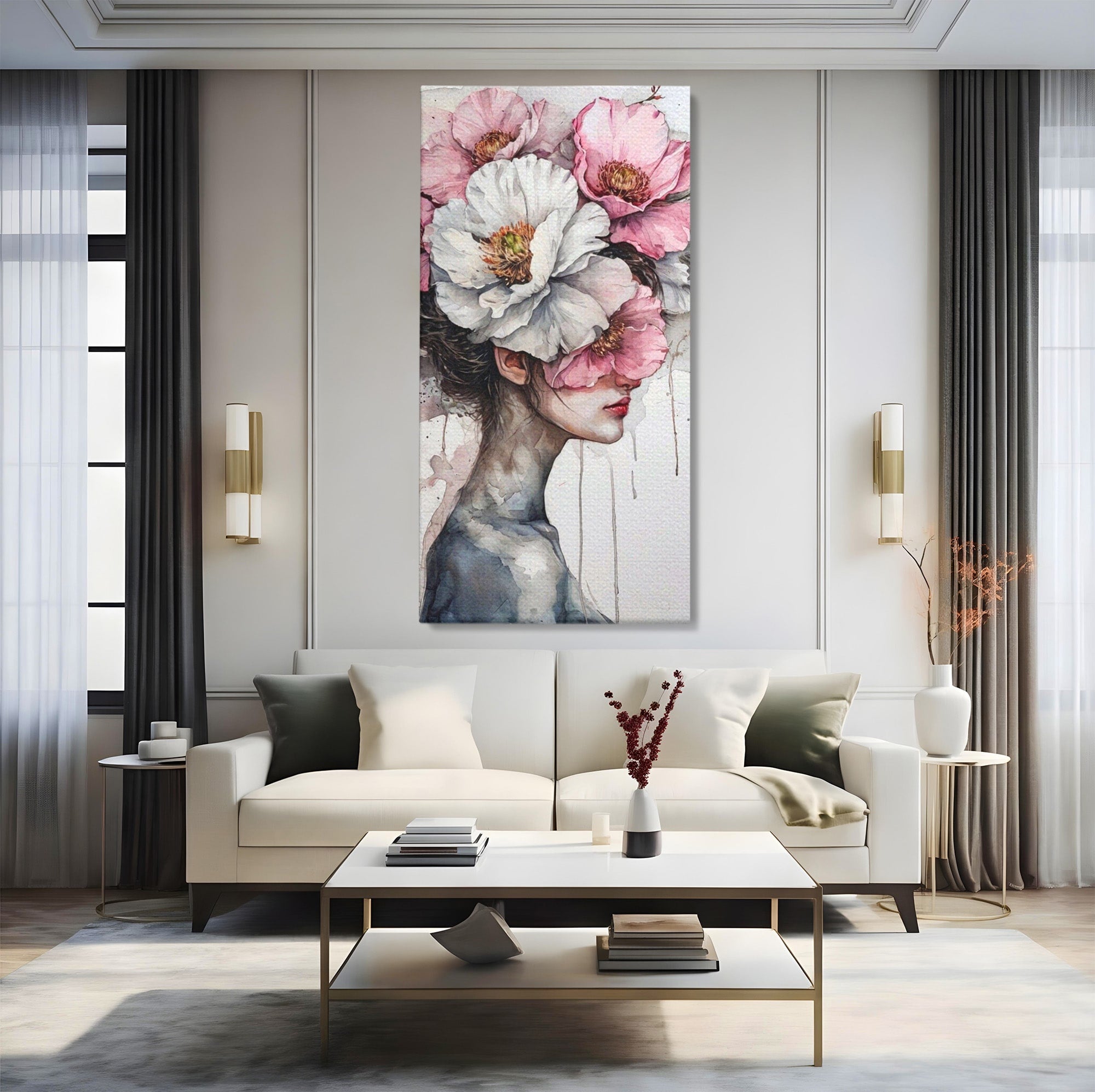 Tablou Canvas Premium LuxCanva® PI1052, Femeie Cu Flori Pe Cap, Femeie, Flori, Portret, Arta, Dormitor, Culori Vibrante