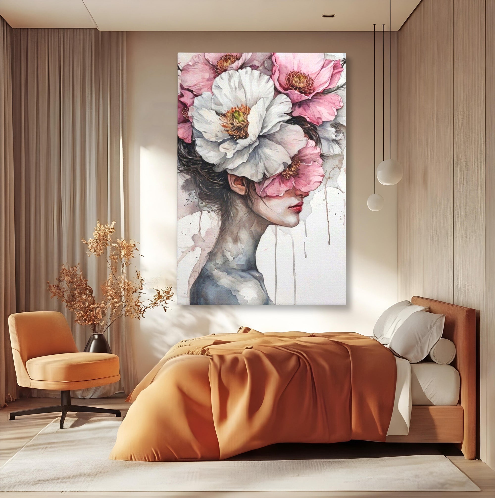 Tablou Canvas Premium LuxCanva® PI1052, Femeie Cu Flori Pe Cap, Femeie, Flori, Portret, Arta, Dormitor, Culori Vibrante