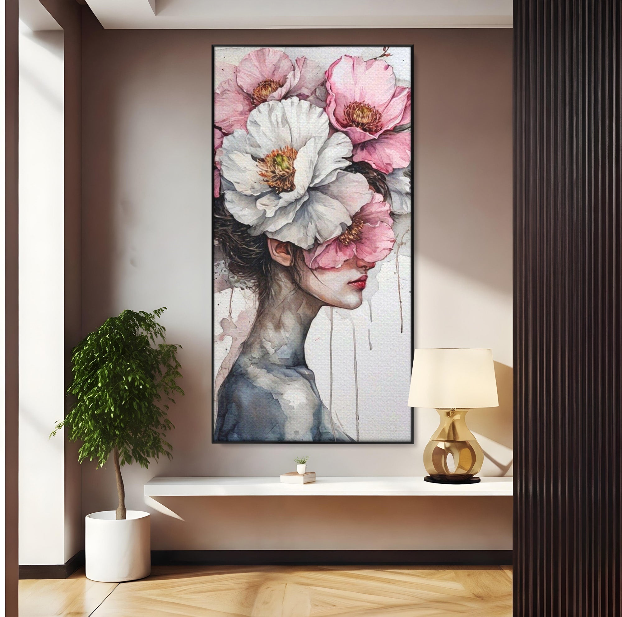 Tablou Canvas Premium LuxCanva® PI1052, Femeie Cu Flori Pe Cap, Femeie, Flori, Portret, Arta, Dormitor, Culori Vibrante