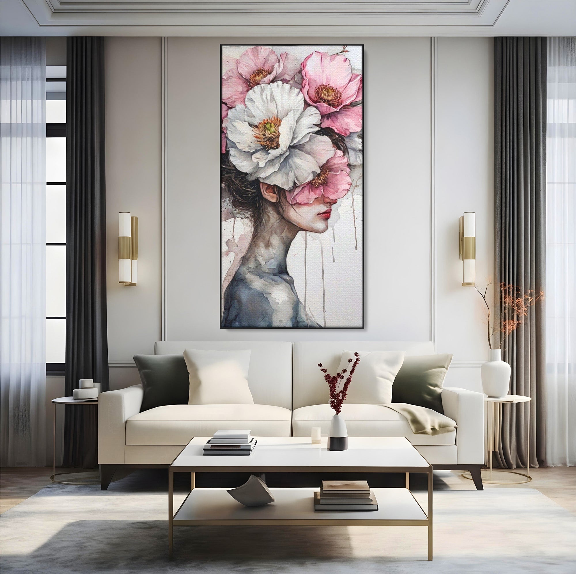 Tablou Canvas Premium LuxCanva® PI1052, Femeie Cu Flori Pe Cap, Femeie, Flori, Portret, Arta, Dormitor, Culori Vibrante