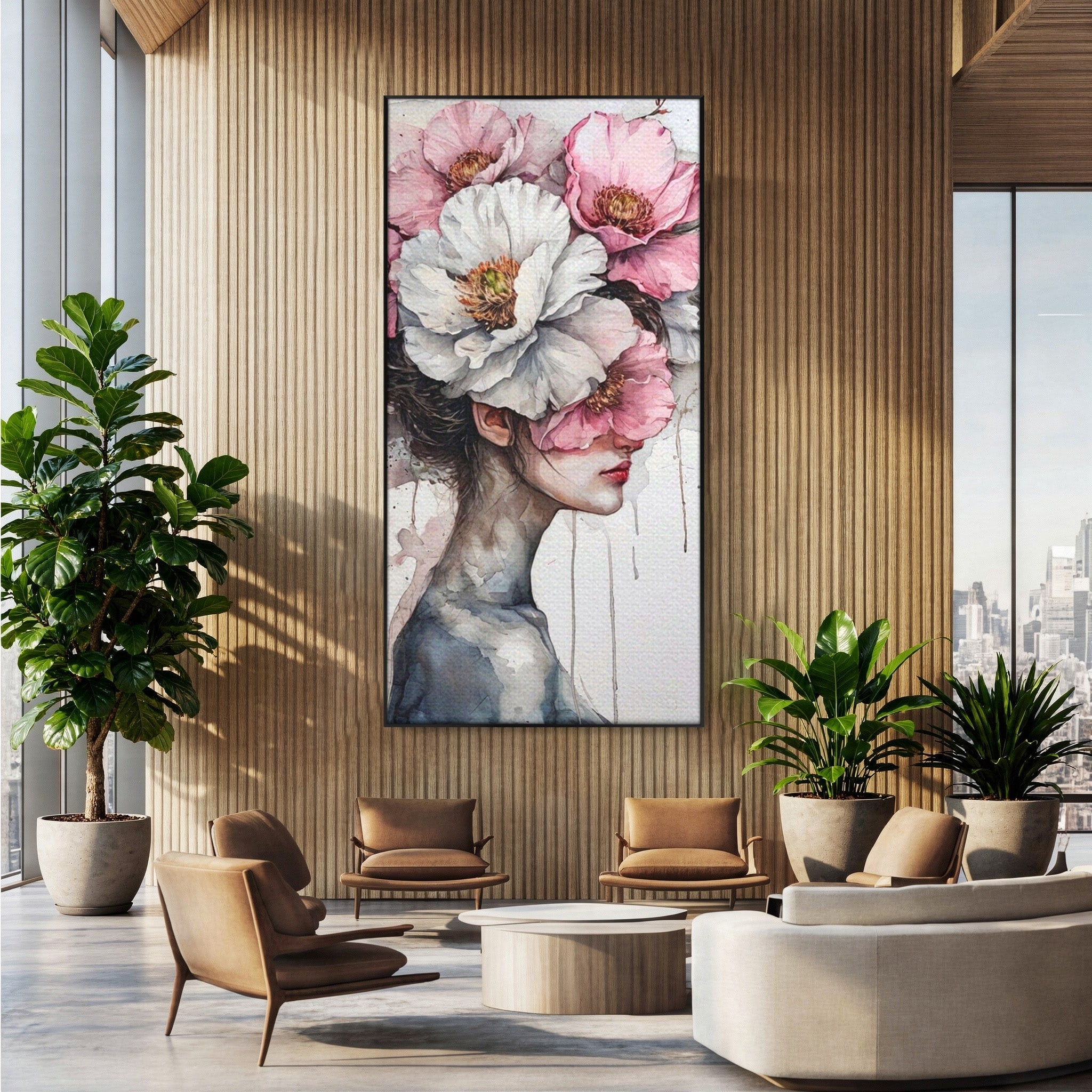 Tablou Canvas Premium LuxCanva® PI1052, Femeie Cu Flori Pe Cap, Femeie, Flori, Portret, Arta, Dormitor, Culori Vibrante