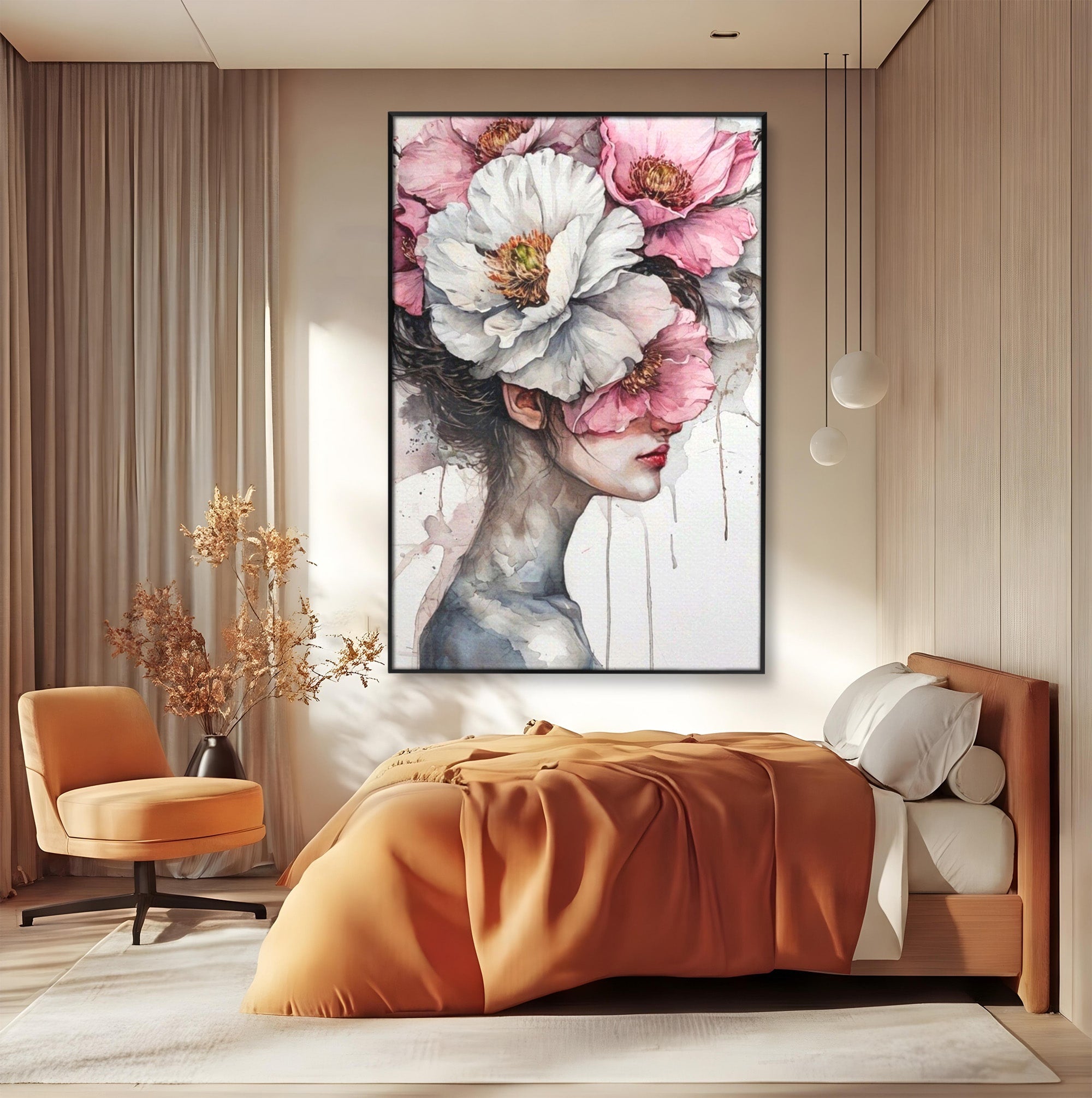 Tablou Canvas Premium LuxCanva® PI1052, Femeie Cu Flori Pe Cap, Femeie, Flori, Portret, Arta, Dormitor, Culori Vibrante