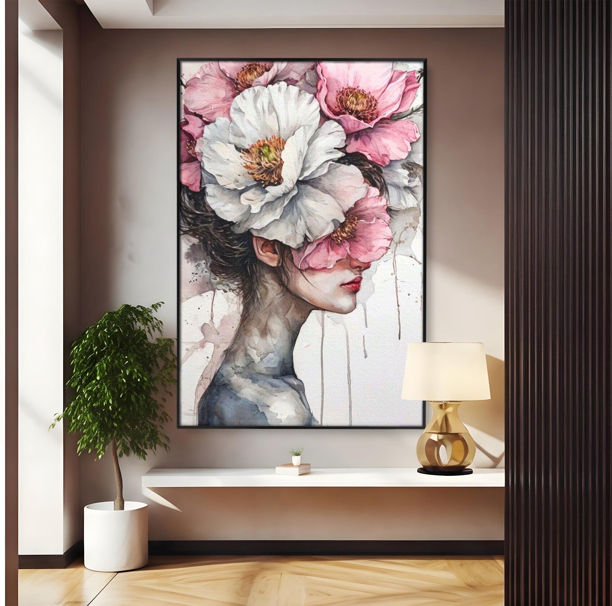 Tablou Canvas Premium LuxCanva® PI1052, Femeie Cu Flori Pe Cap, Femeie, Flori, Portret, Arta, Dormitor, Culori Vibrante