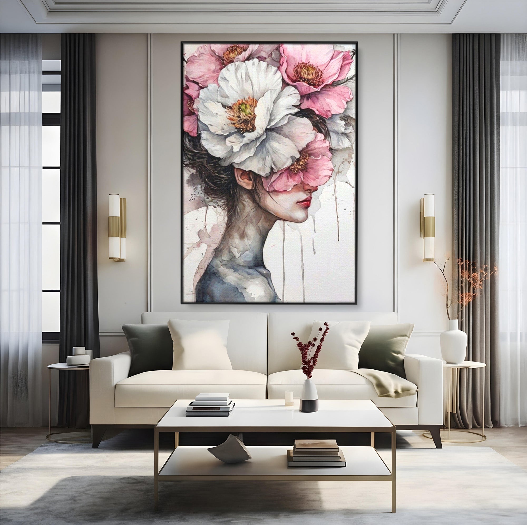 Tablou Canvas Premium LuxCanva® PI1052, Femeie Cu Flori Pe Cap, Femeie, Flori, Portret, Arta, Dormitor, Culori Vibrante