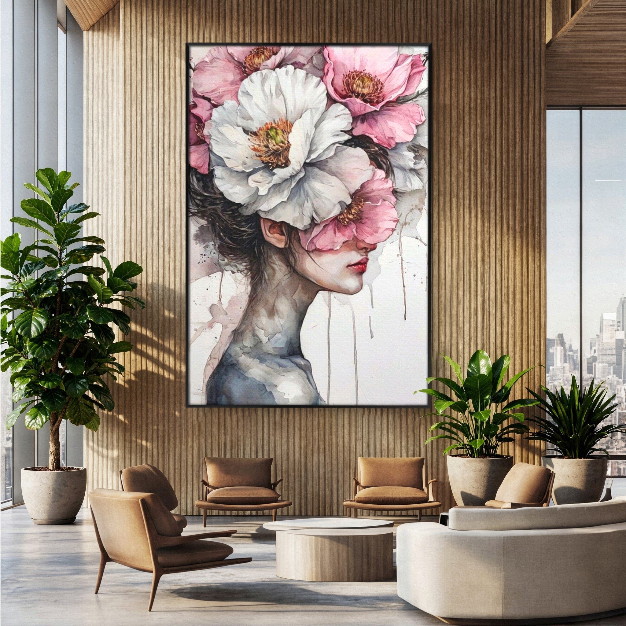 Tablou Canvas Premium LuxCanva® PI1052, Femeie Cu Flori Pe Cap, Femeie, Flori, Portret, Arta, Dormitor, Culori Vibrante