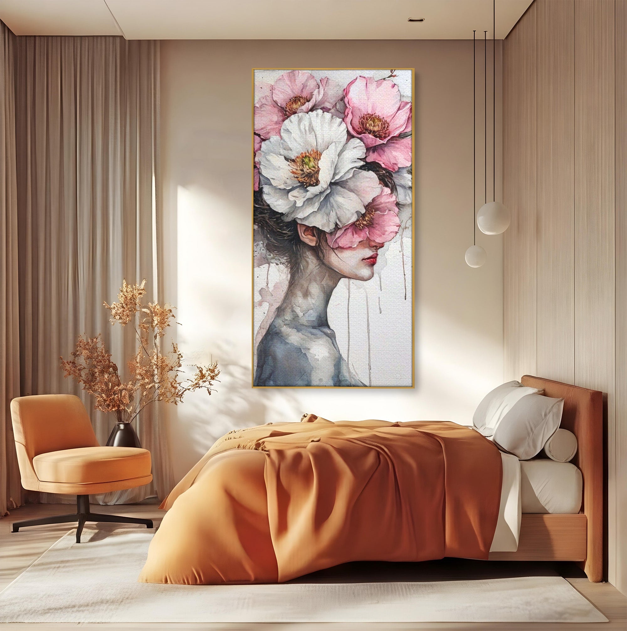 Tablou Canvas Premium LuxCanva® PI1052, Femeie Cu Flori Pe Cap, Femeie, Flori, Portret, Arta, Dormitor, Culori Vibrante