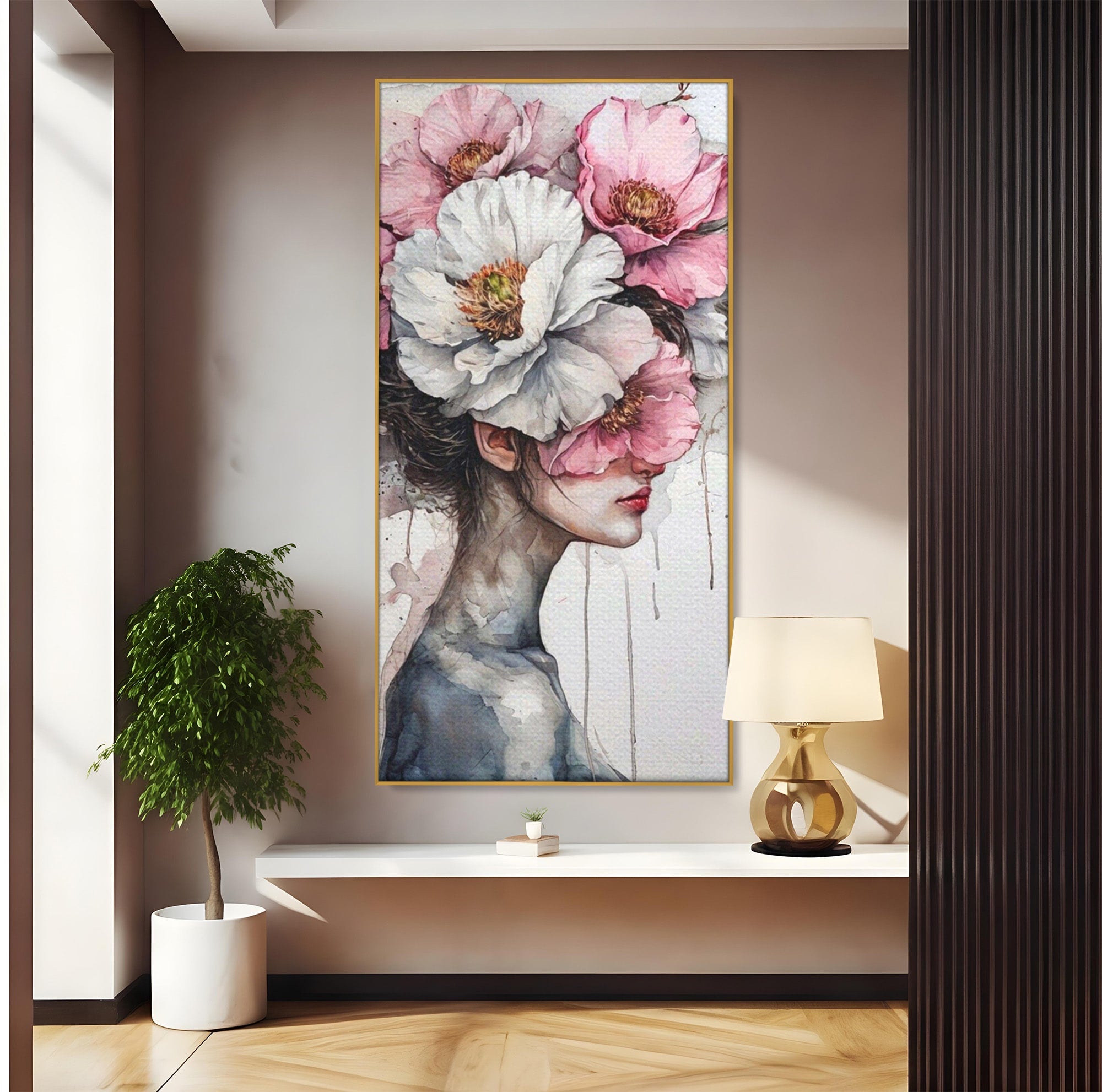 Tablou Canvas Premium LuxCanva® PI1052, Femeie Cu Flori Pe Cap, Femeie, Flori, Portret, Arta, Dormitor, Culori Vibrante