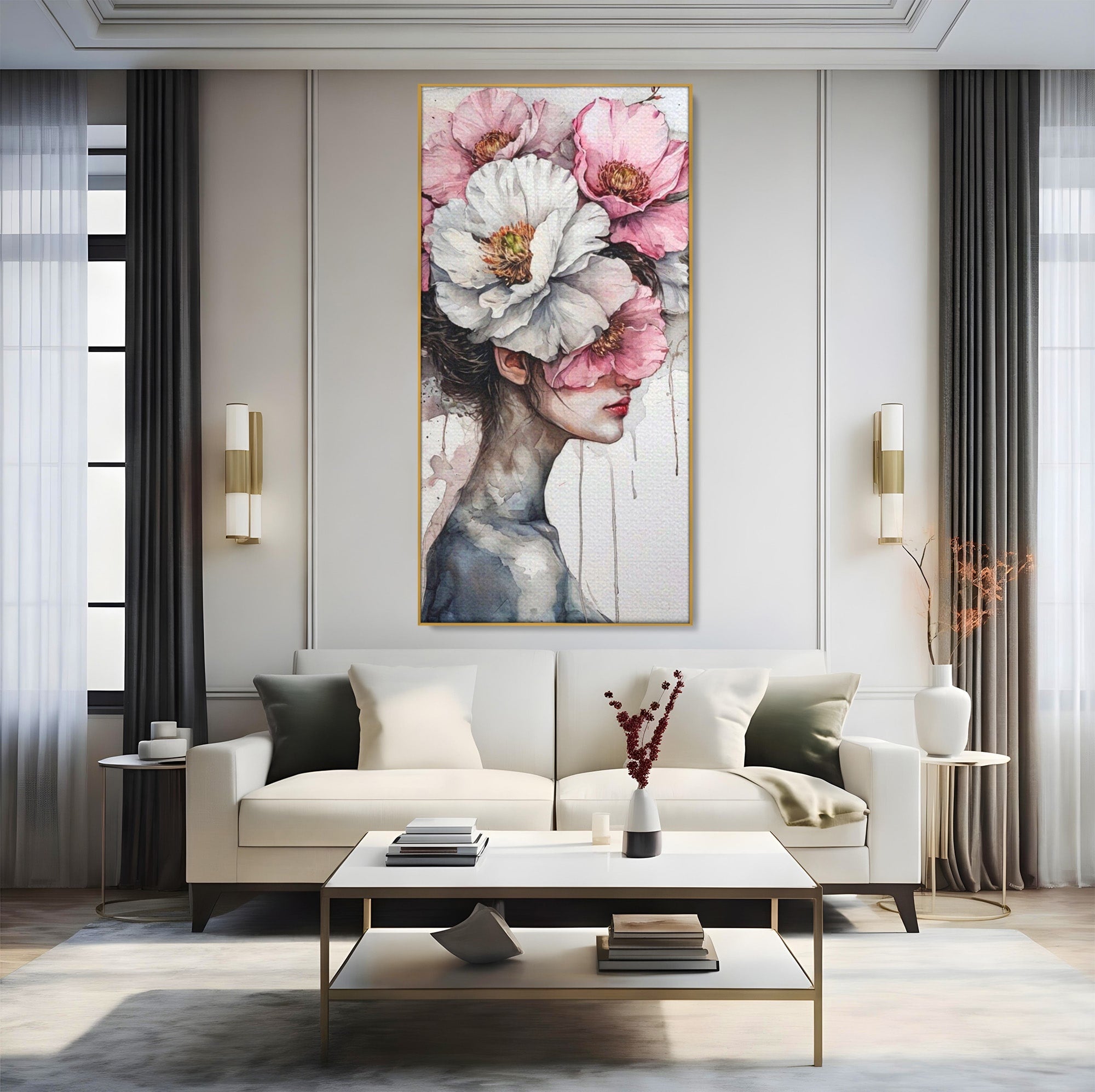 Tablou Canvas Premium LuxCanva® PI1052, Femeie Cu Flori Pe Cap, Femeie, Flori, Portret, Arta, Dormitor, Culori Vibrante