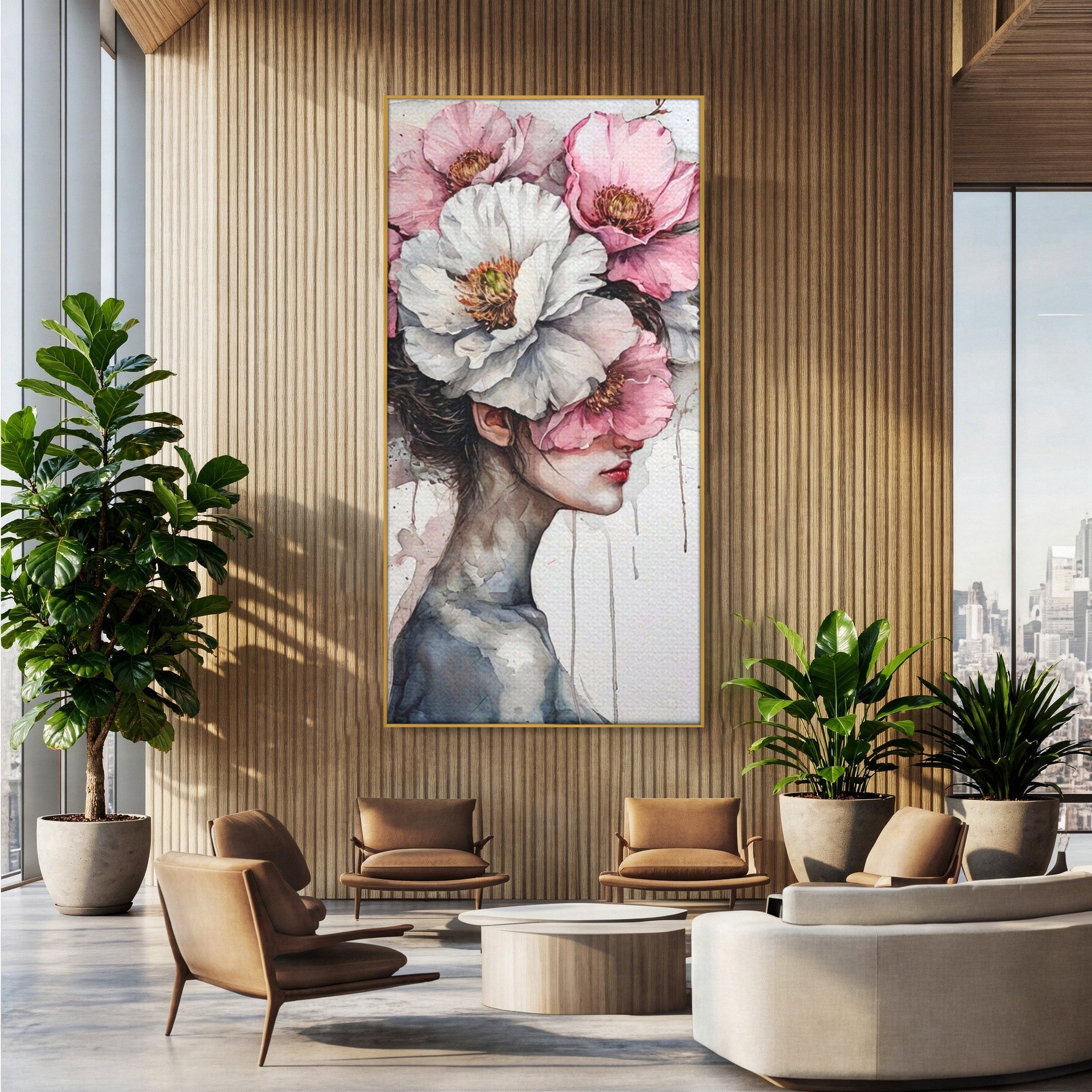 Tablou Canvas Premium LuxCanva® PI1052, Femeie Cu Flori Pe Cap, Femeie, Flori, Portret, Arta, Dormitor, Culori Vibrante