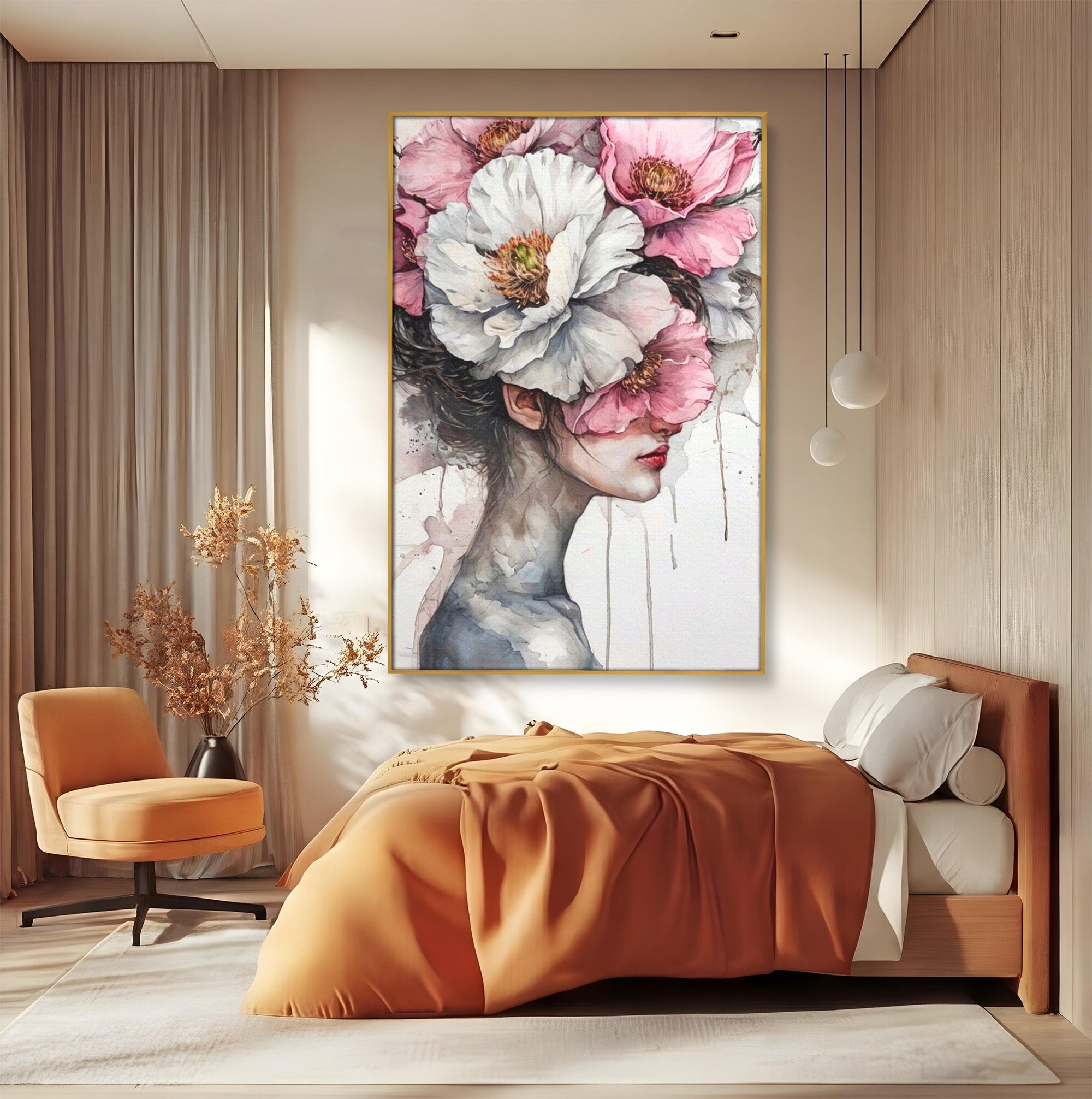 Tablou Canvas Premium LuxCanva® PI1052, Femeie Cu Flori Pe Cap, Femeie, Flori, Portret, Arta, Dormitor, Culori Vibrante