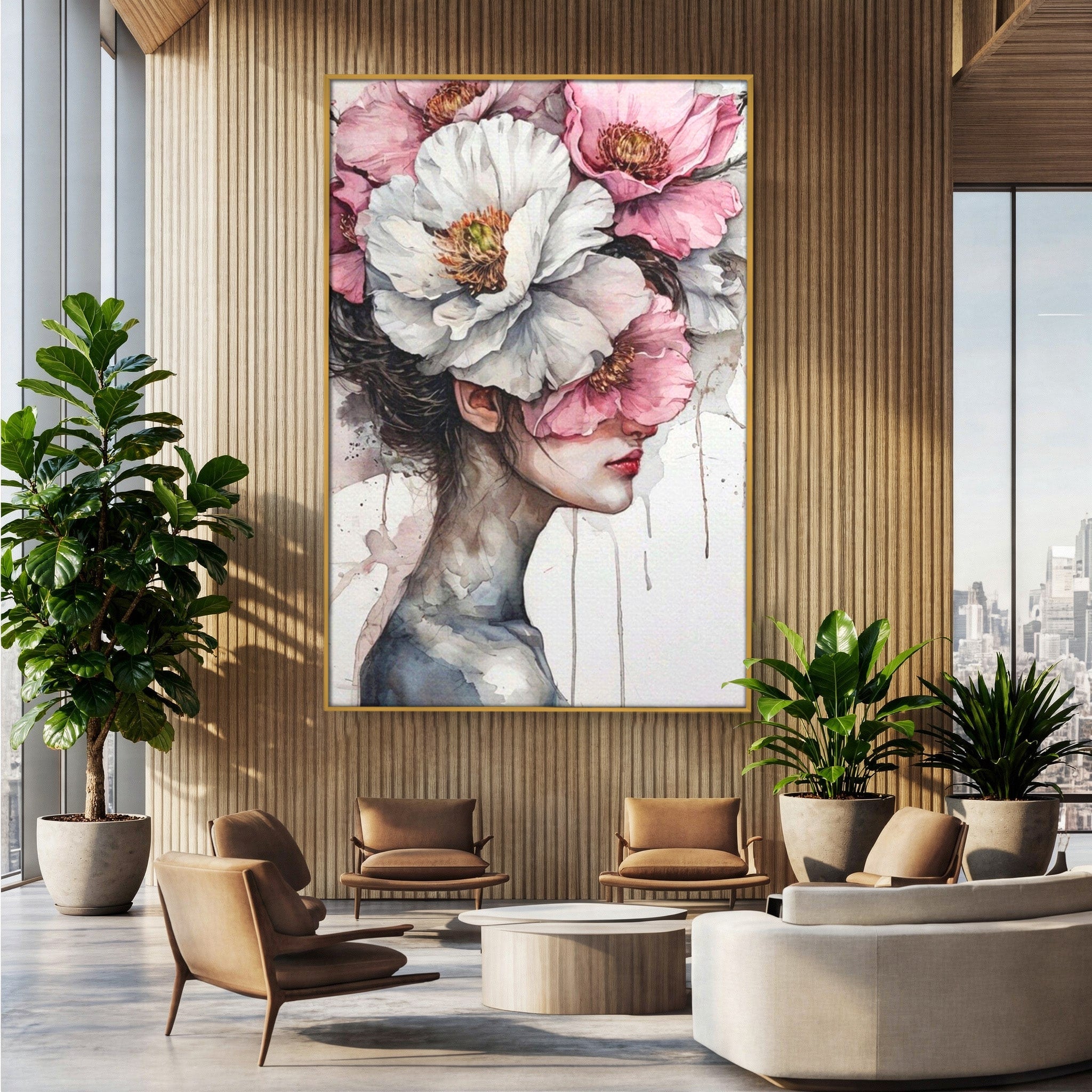 Tablou Canvas Premium LuxCanva® PI1052, Femeie Cu Flori Pe Cap, Femeie, Flori, Portret, Arta, Dormitor, Culori Vibrante