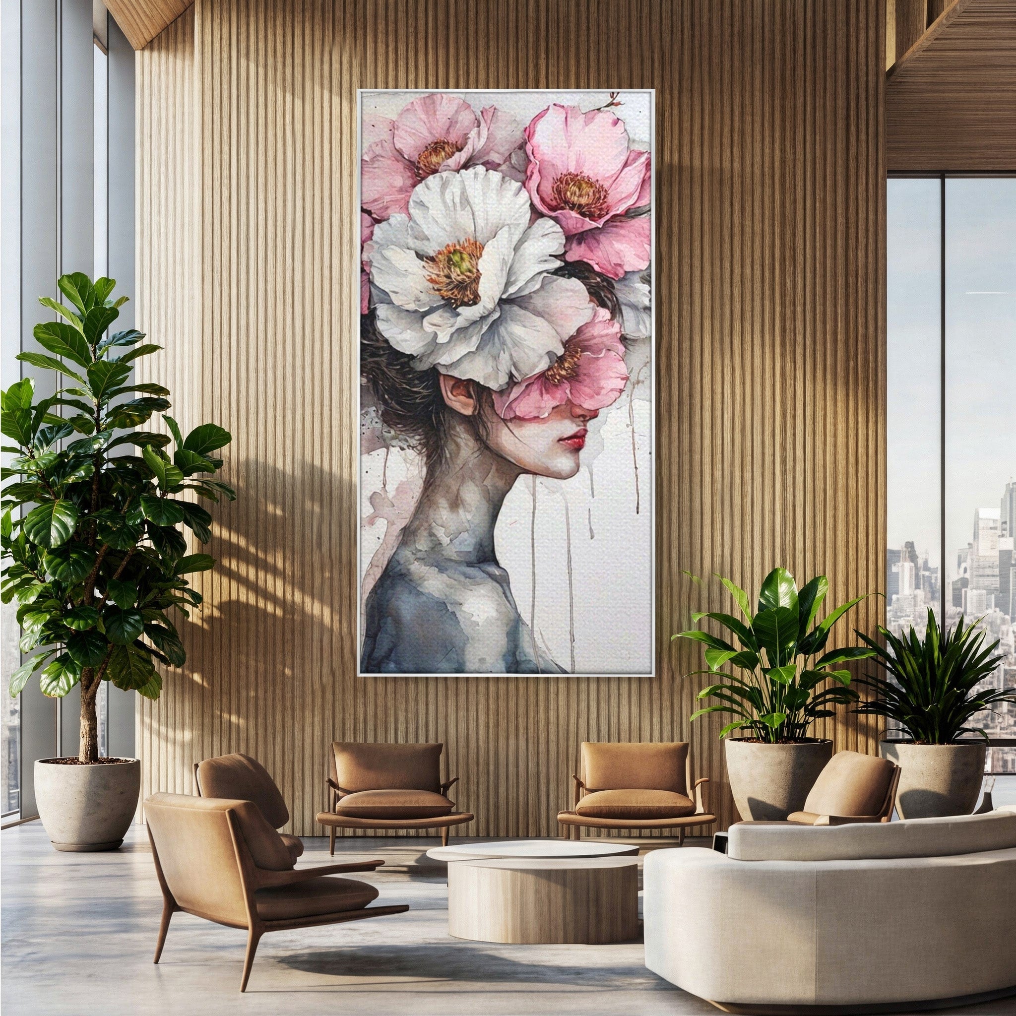 Tablou Canvas Premium LuxCanva® PI1052, Femeie Cu Flori Pe Cap, Femeie, Flori, Portret, Arta, Dormitor, Culori Vibrante